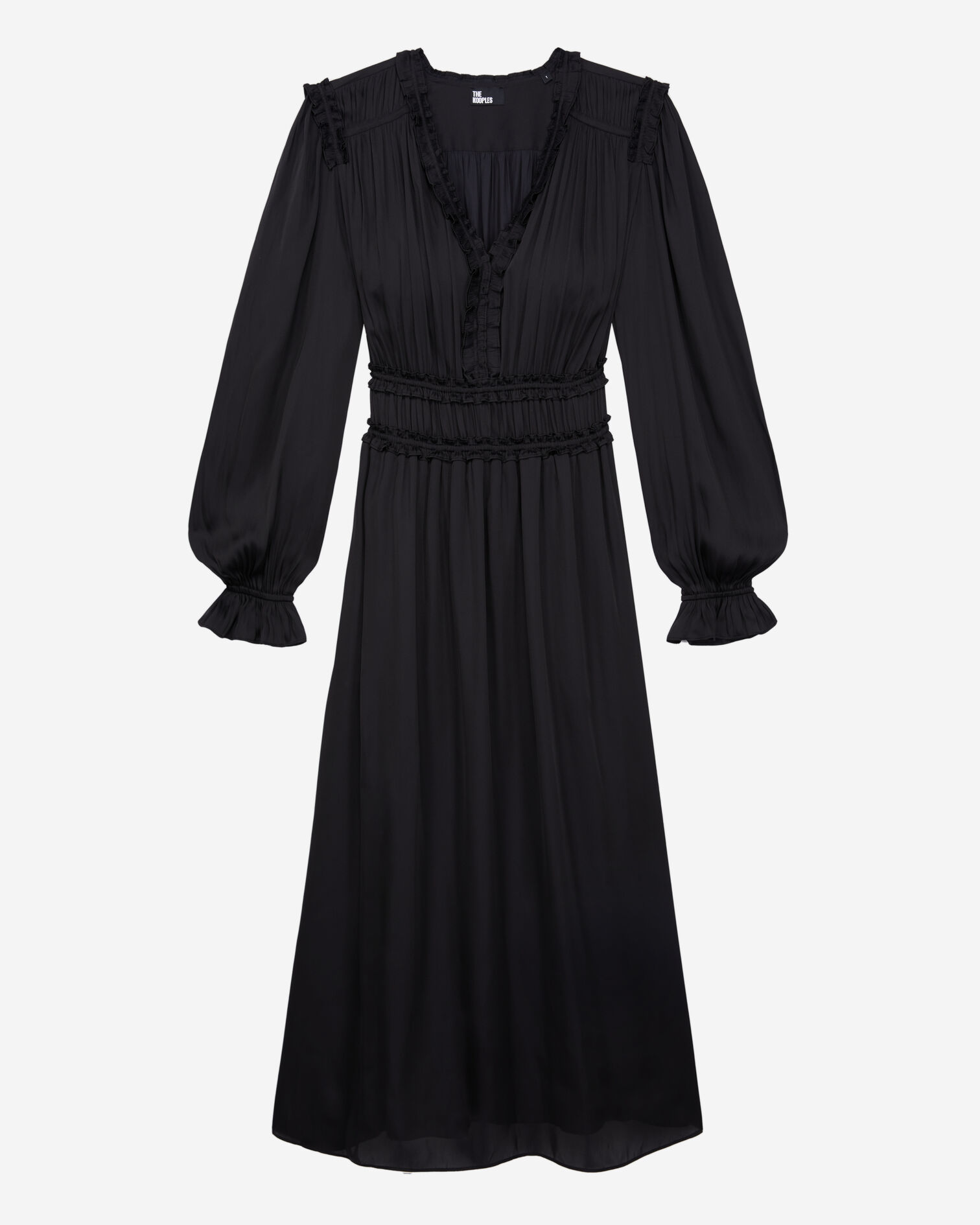 Robe longue noire avec fronces, BLACK, hi-res image number null