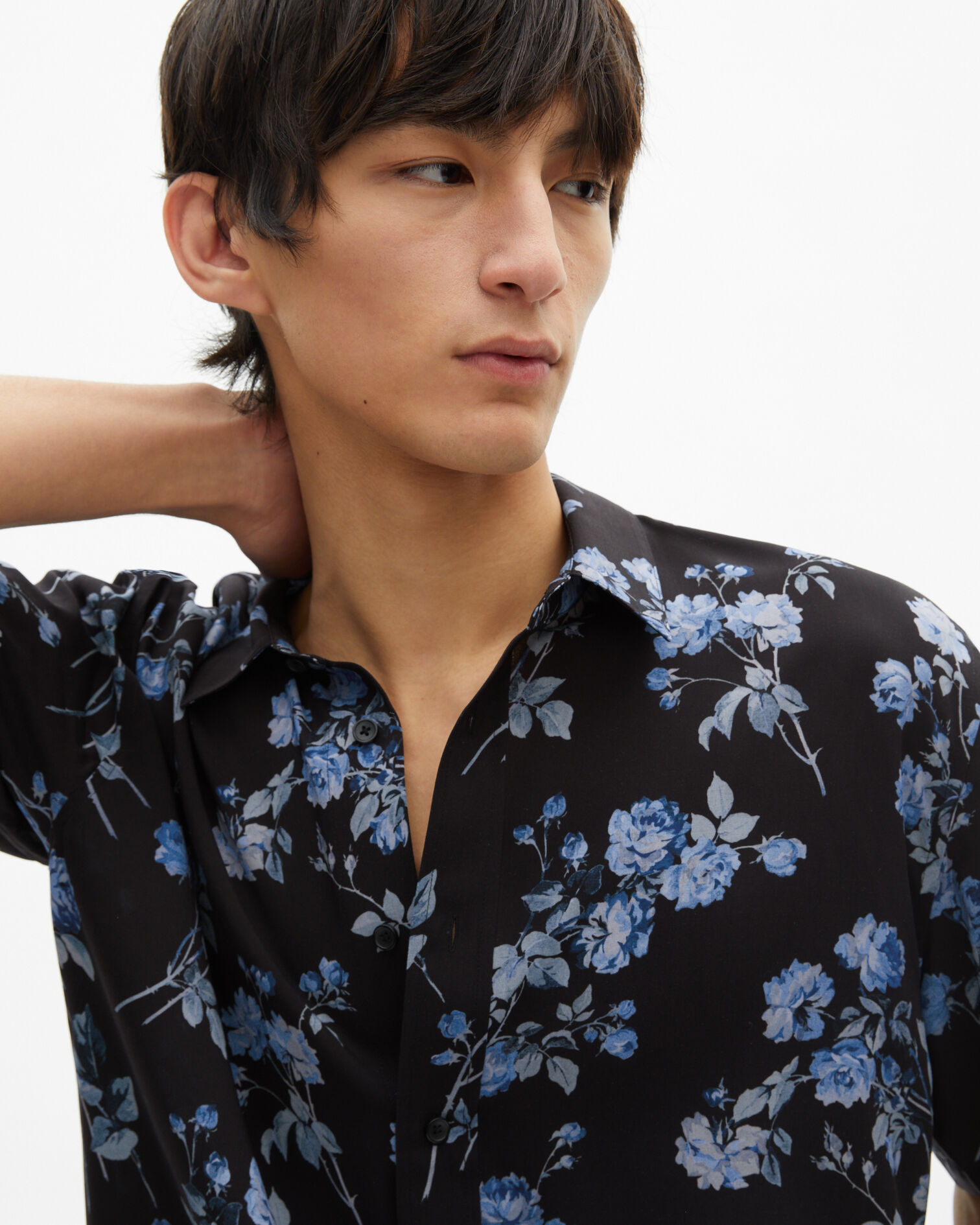 Black floral print shirt, BLACK BLUE, hi-res image number null