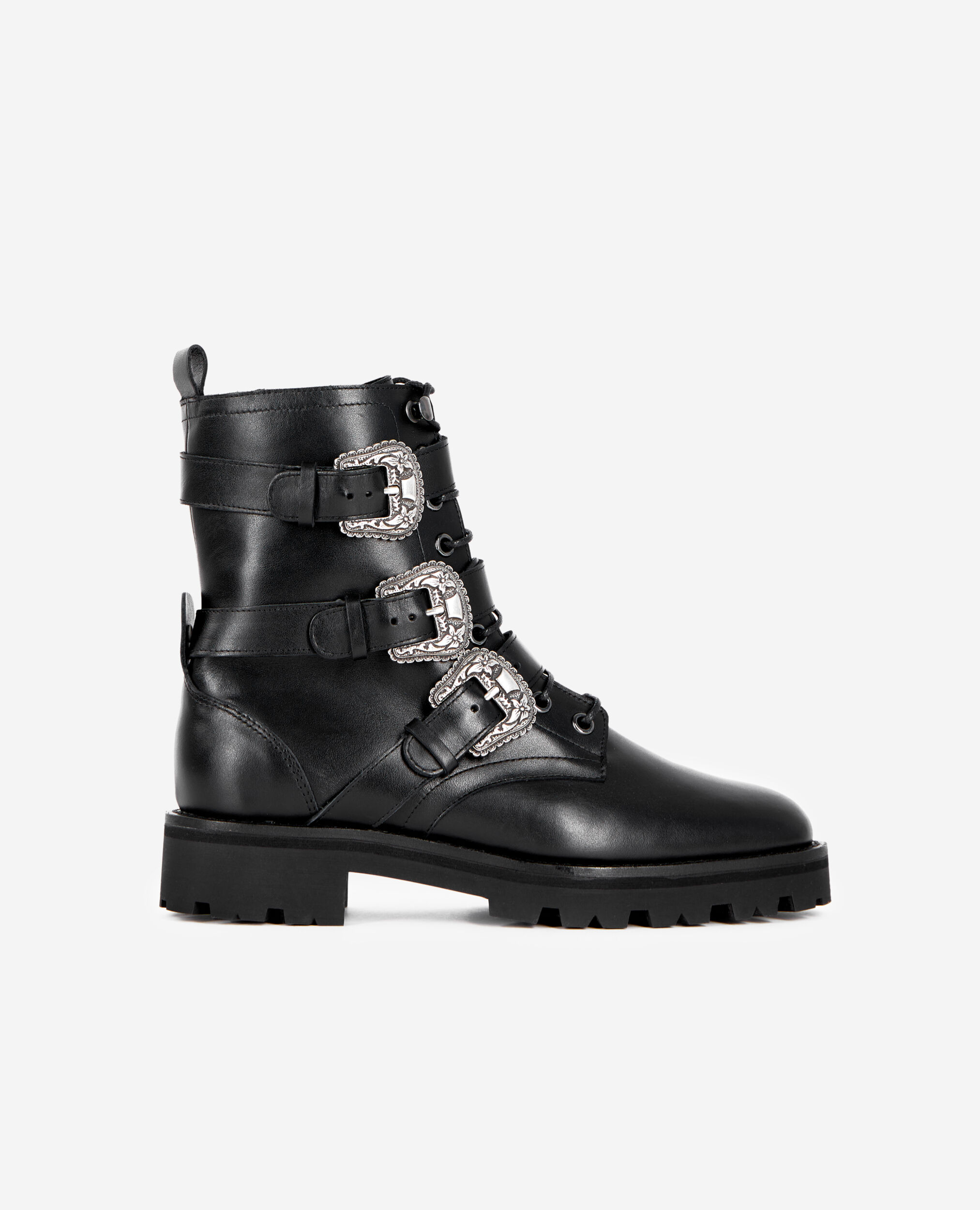 Black leather ranger ankle boots, BLACK, hi-res image number null
