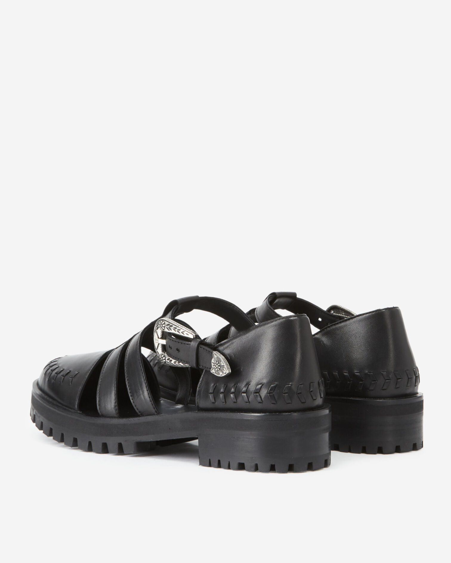 Sandales plates noires cuir lisse western, BLACK, hi-res image number null
