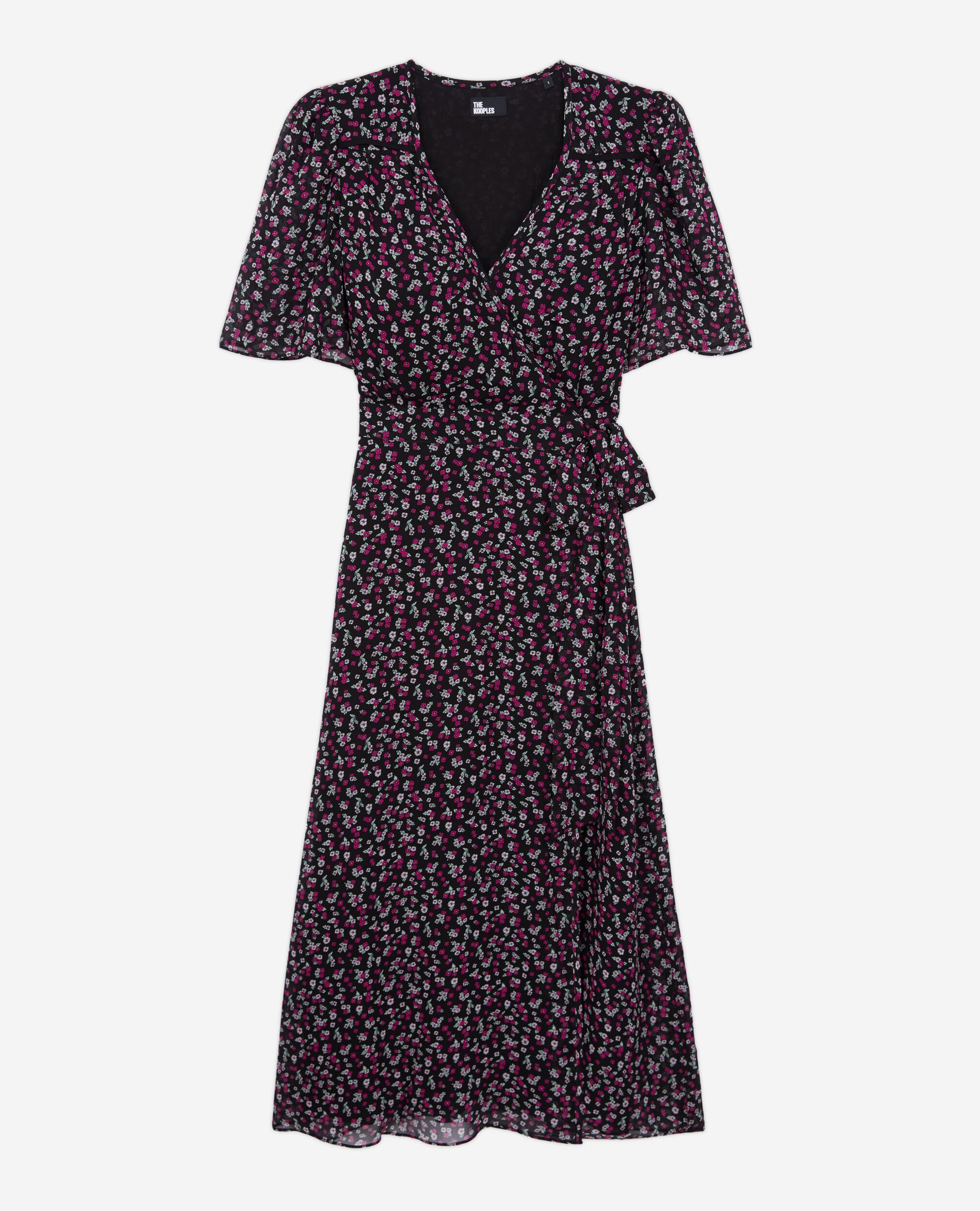 Langes Wickelkleid mit Print, BLACK / PINK, hi-res image number null