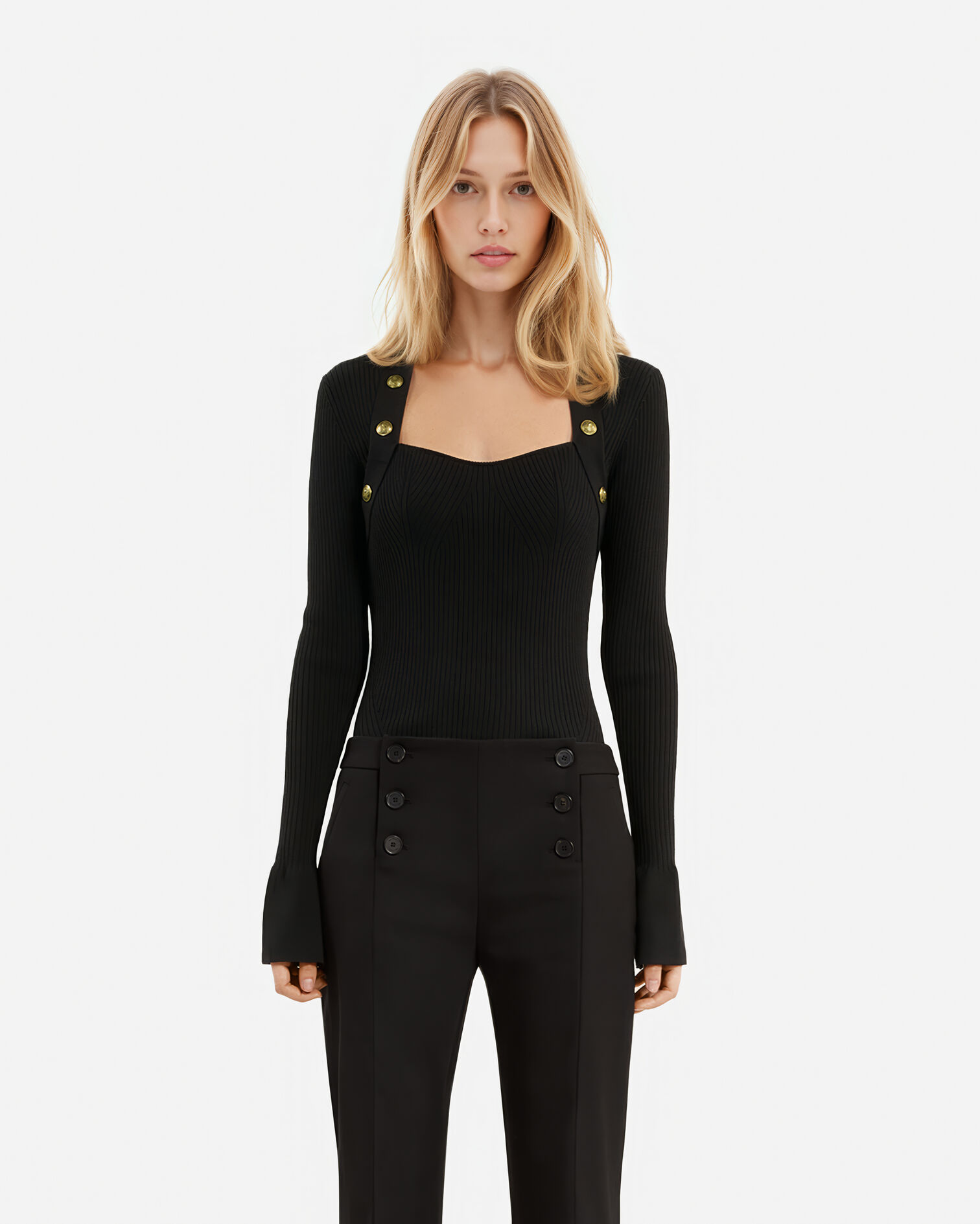 Black ribbed knit sweater, BLACK, hi-res image number null