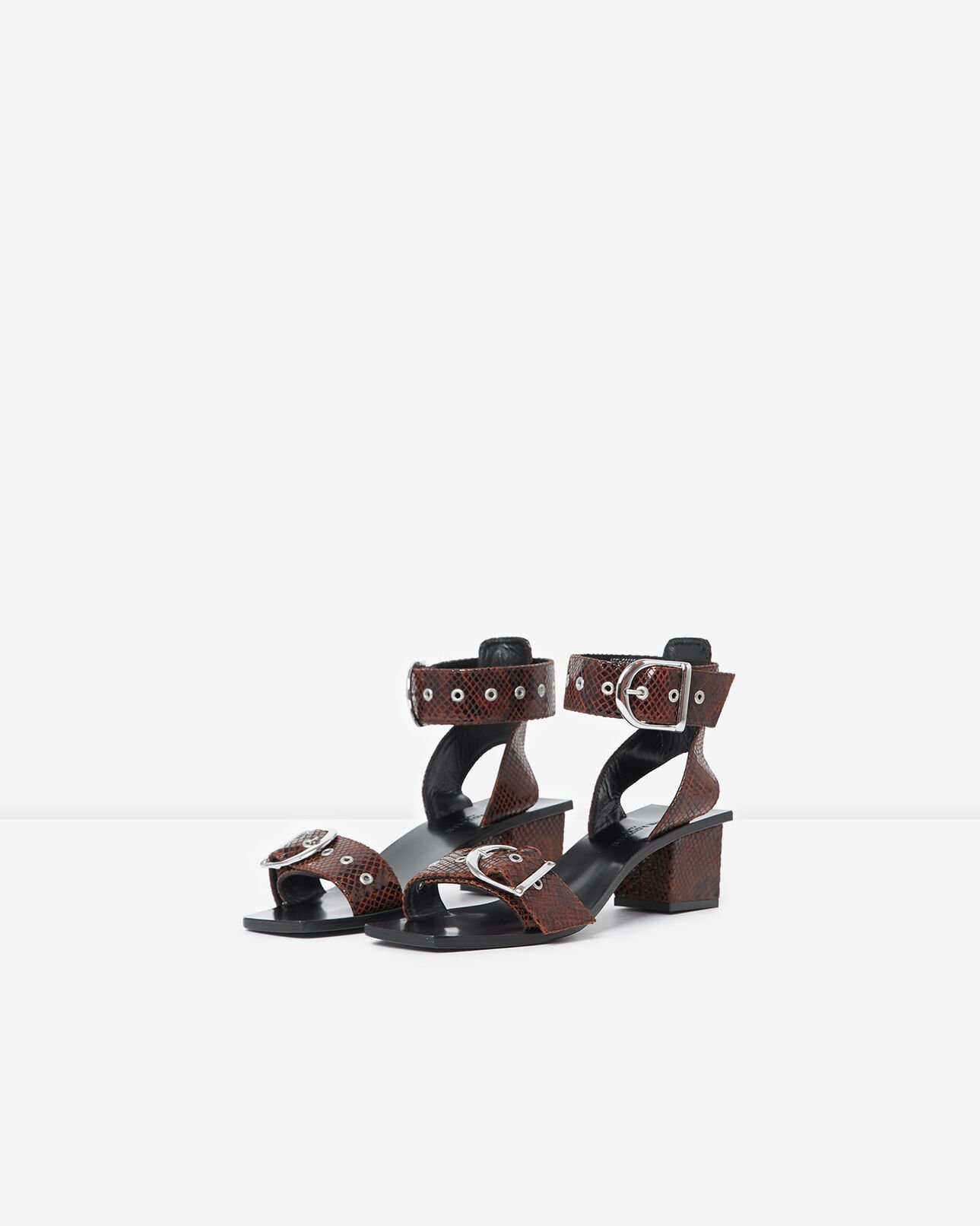 The Kooples FEMME BROWN sandales cuir à talons python marron