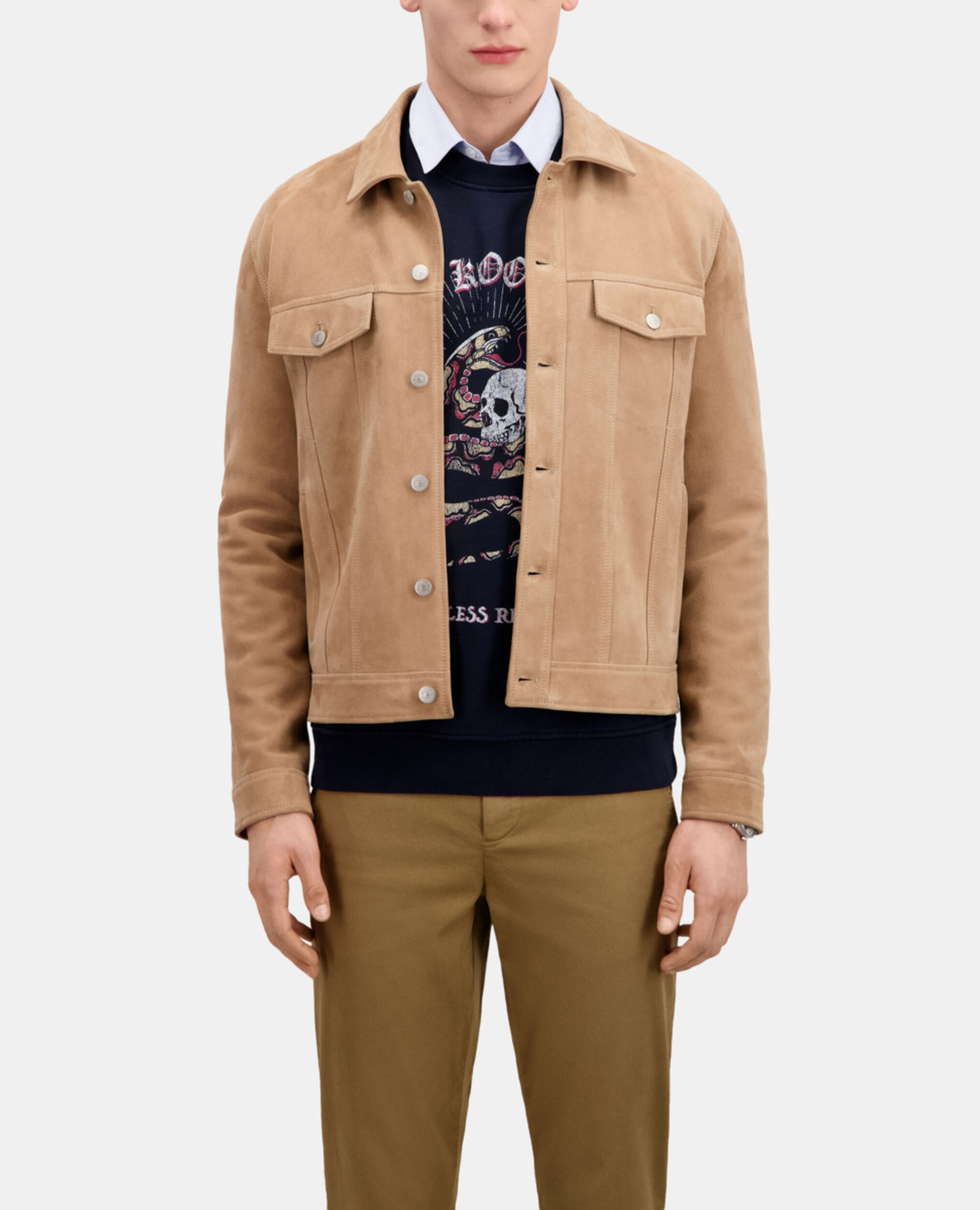 Blouson en cuir suède beige, BEIGE, hi-res image number null