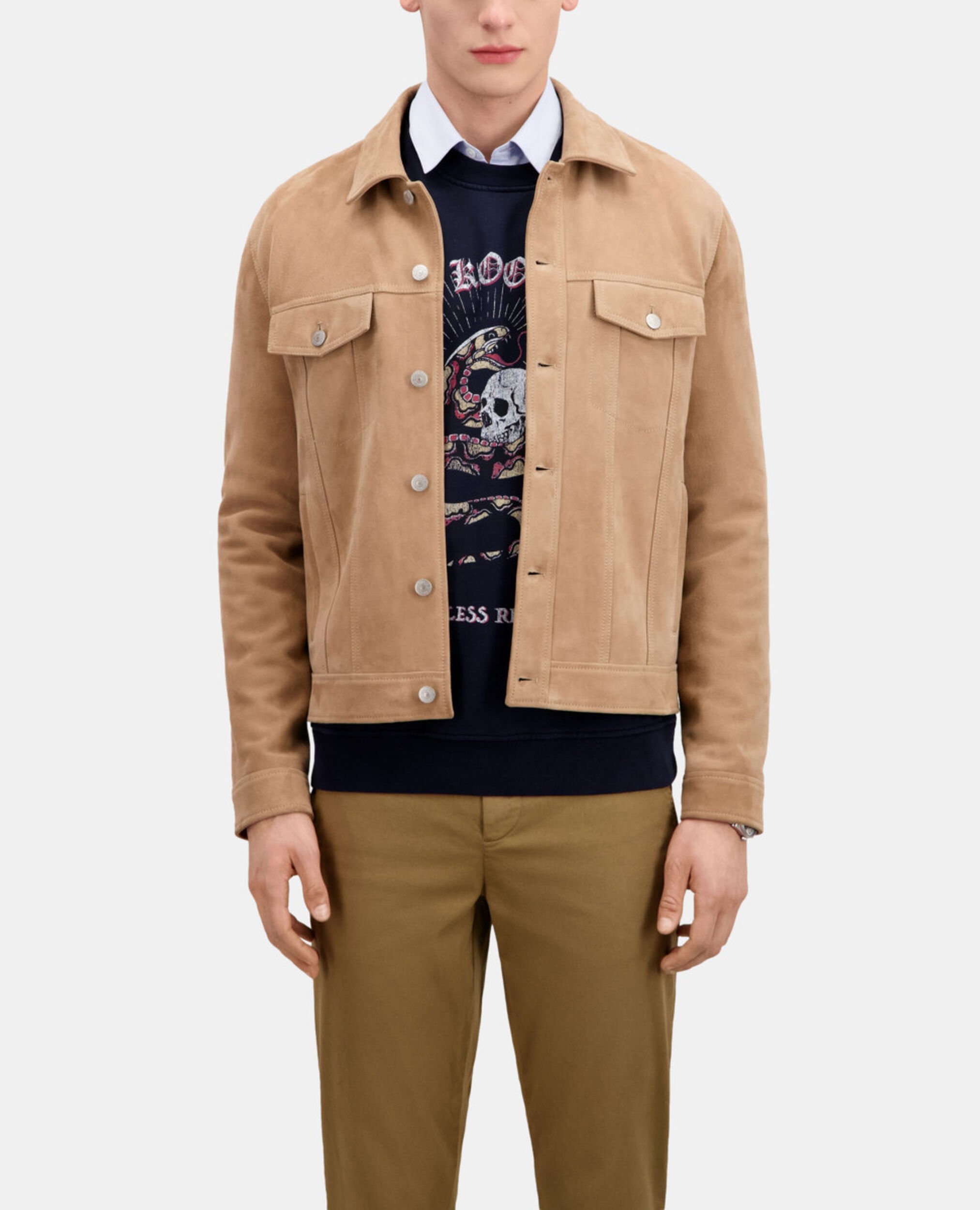Blouson en cuir suède beige, BEIGE, hi-res image number null
