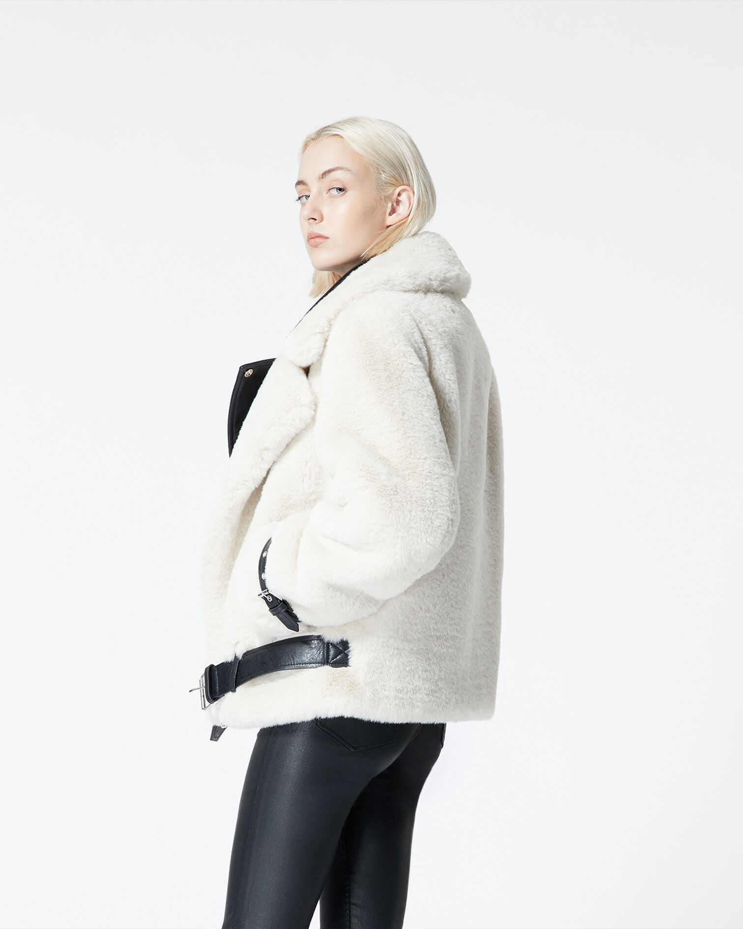 Biker-style faux fur coat, ECRU, hi-res image number null