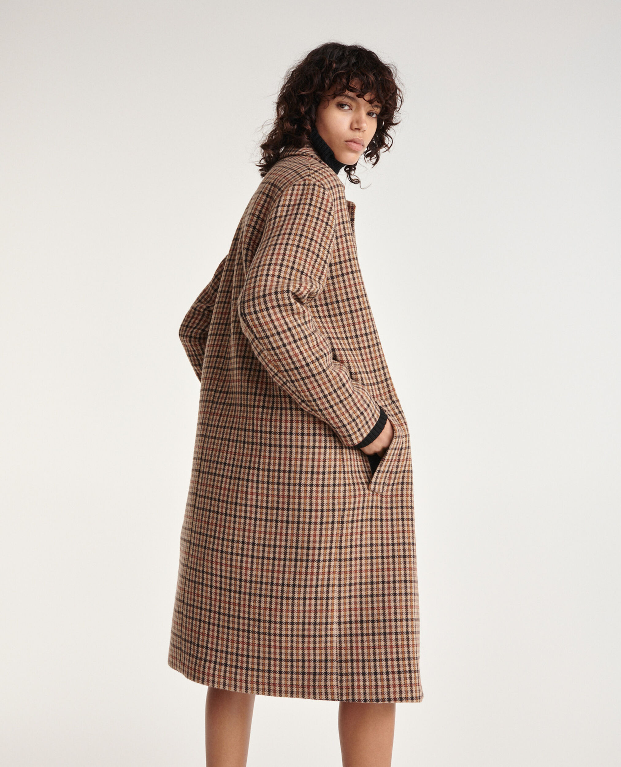 Double-faced check wool coat, BROWN, hi-res image number null