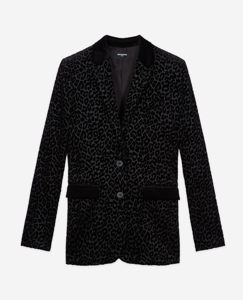 The Kooples F BLACK black velvet suit jacket with leopard print