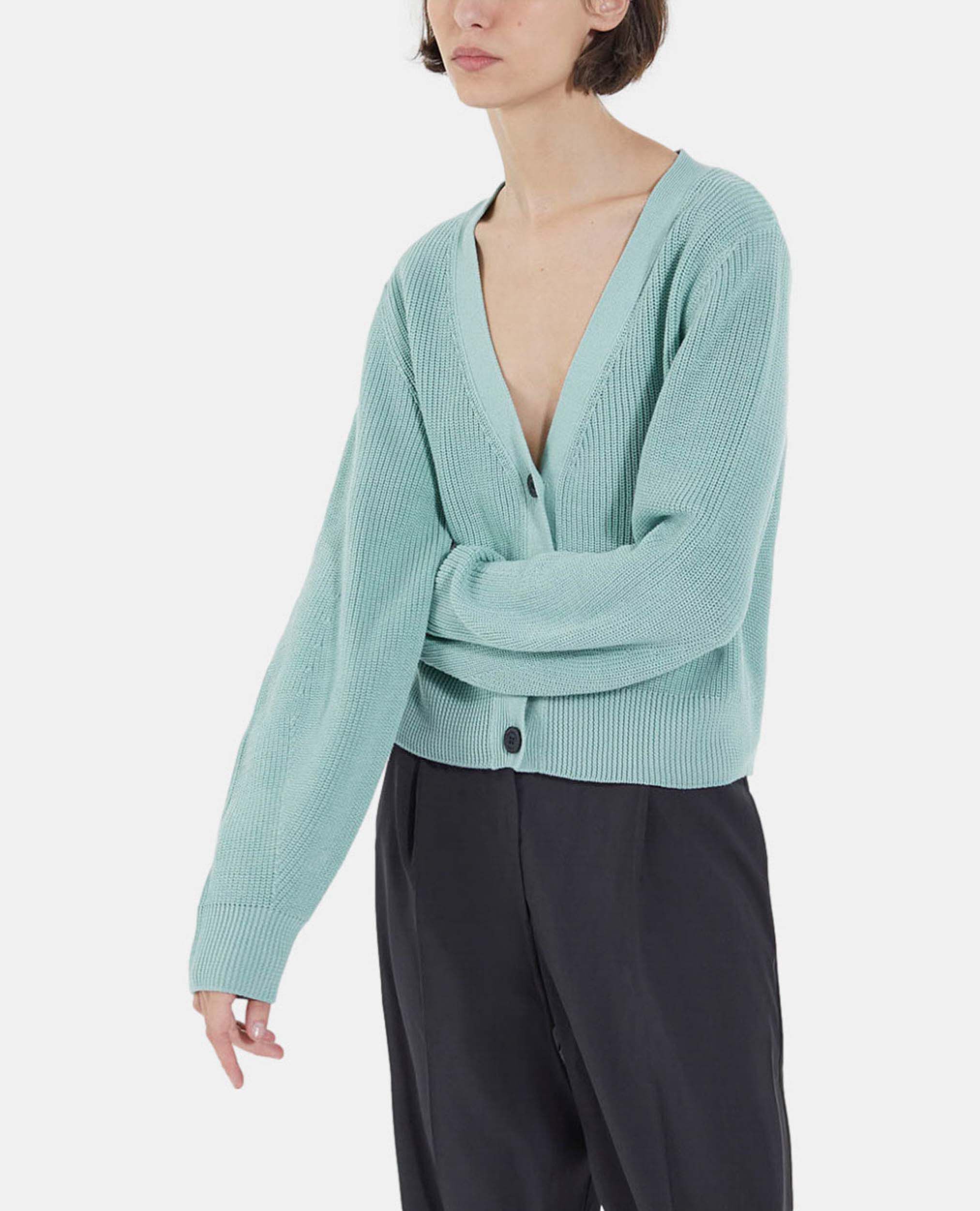 Short puffed sleeve green cotton cardigan The Kooples
