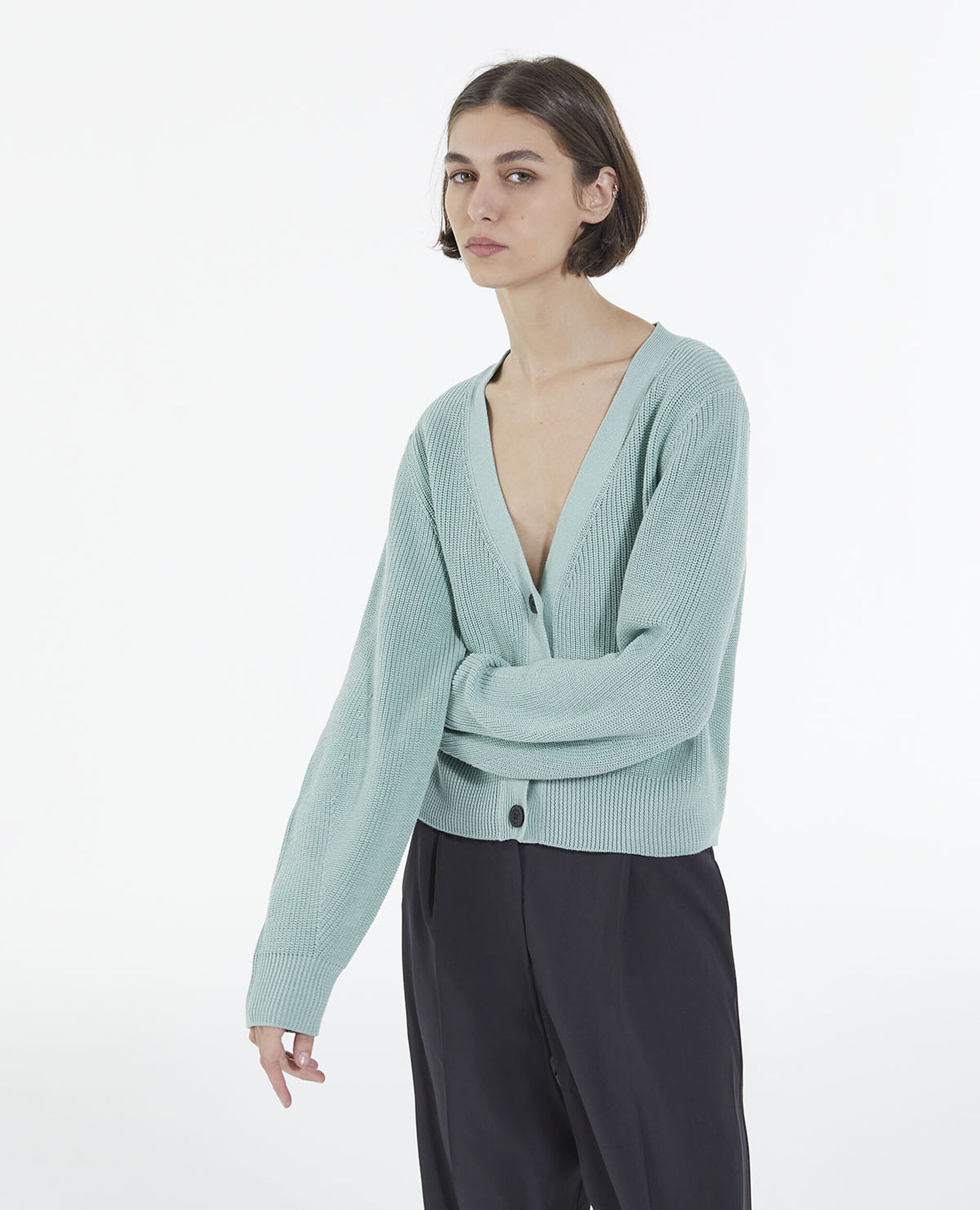 Short puffed-sleeve green cotton cardigan, GREEN, hi-res image number null