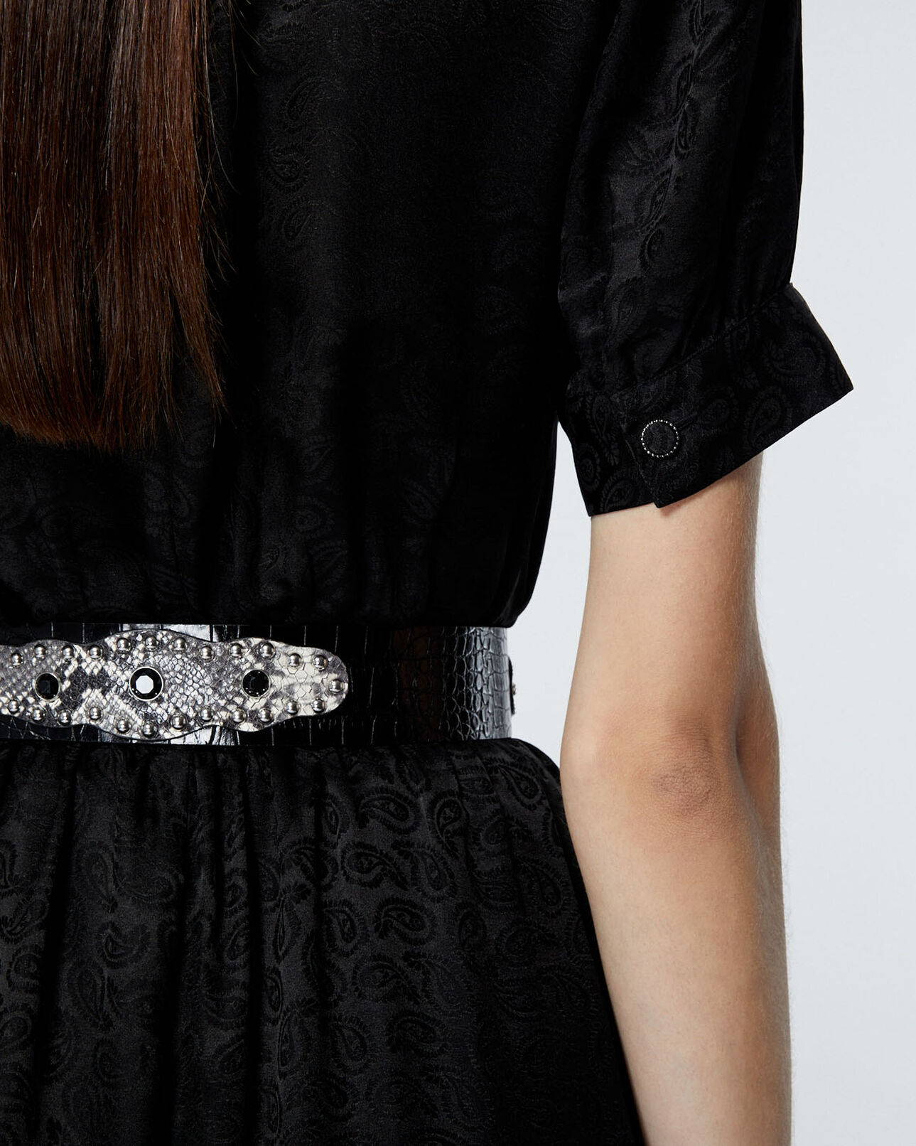 The Kooples WOMEN BLACK WHITE snake-effect black leather belt w/rhinestones