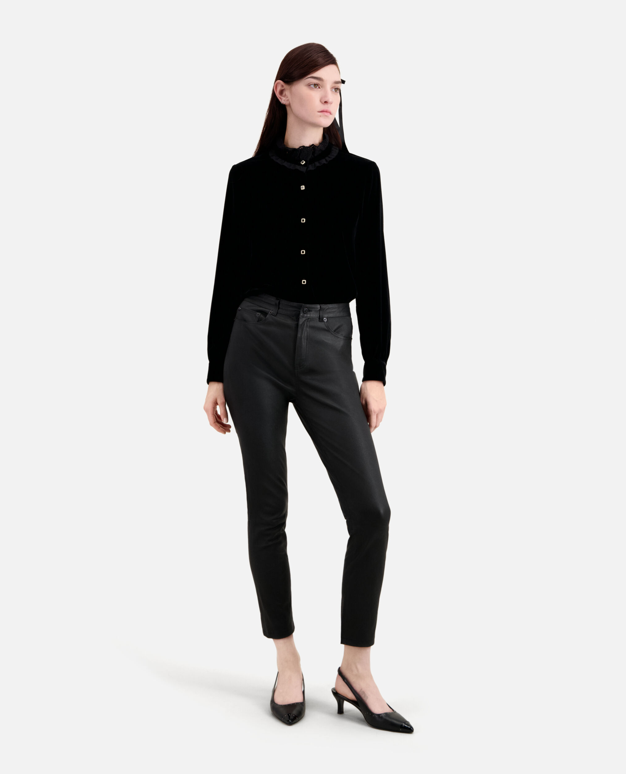 Black leather skinny trousers, BLACK, hi-res image number null