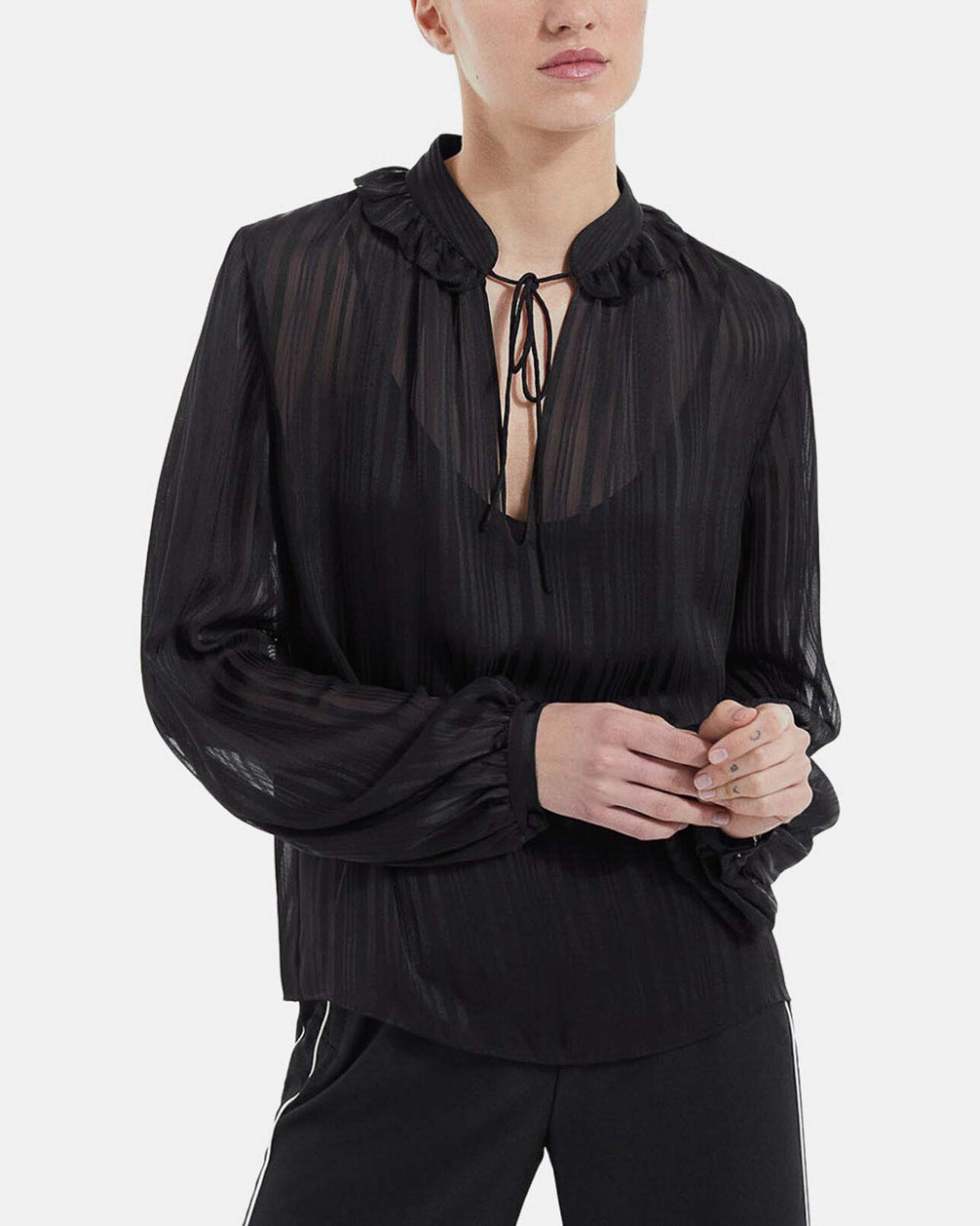 The Kooples FEMME BLACK top fluide noir à col noué effet rayé