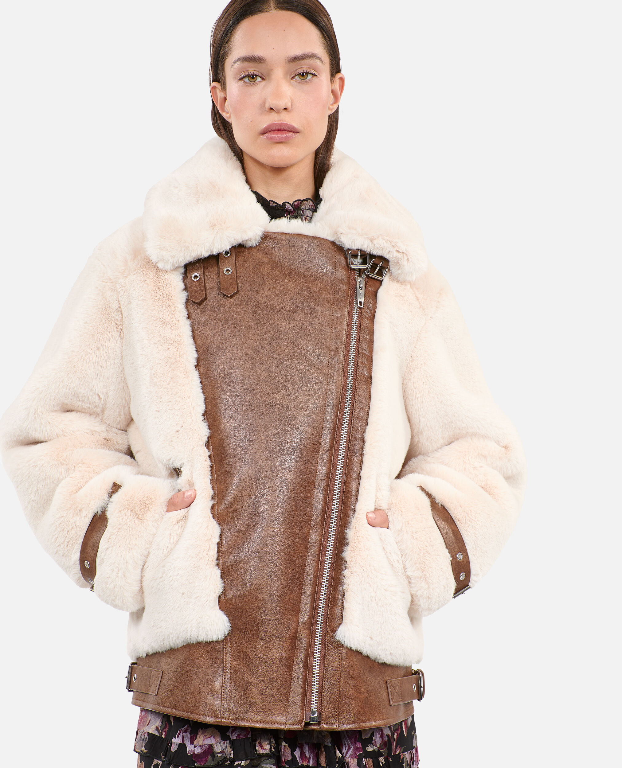 Ecru fur effect aviator jacket