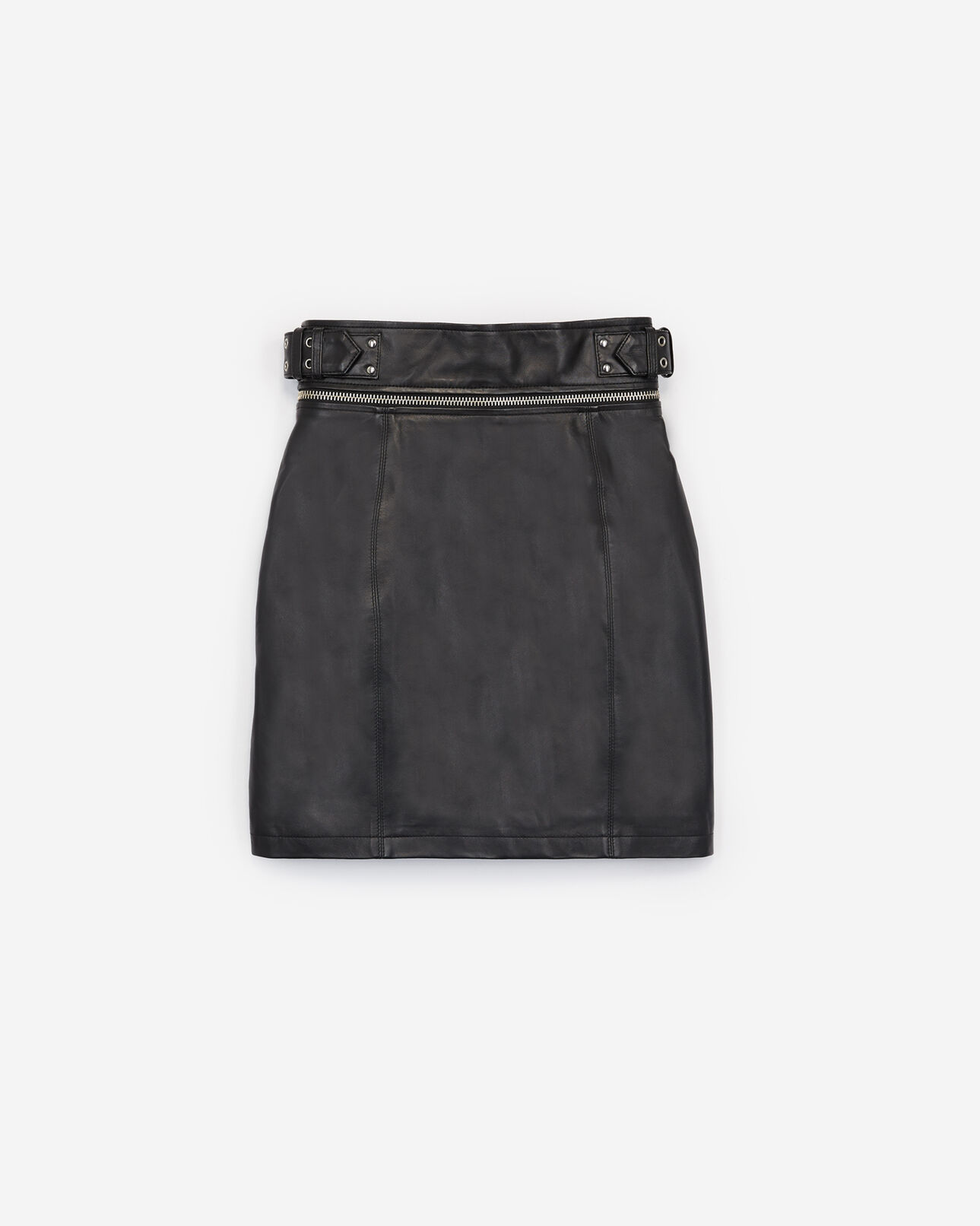 The Kooples FEMME BLACK jupe courte cuir zippée ceinturée