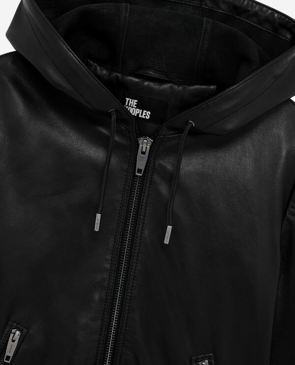 The Kooples FEMME BLACK blouson à capuche en cuir noir