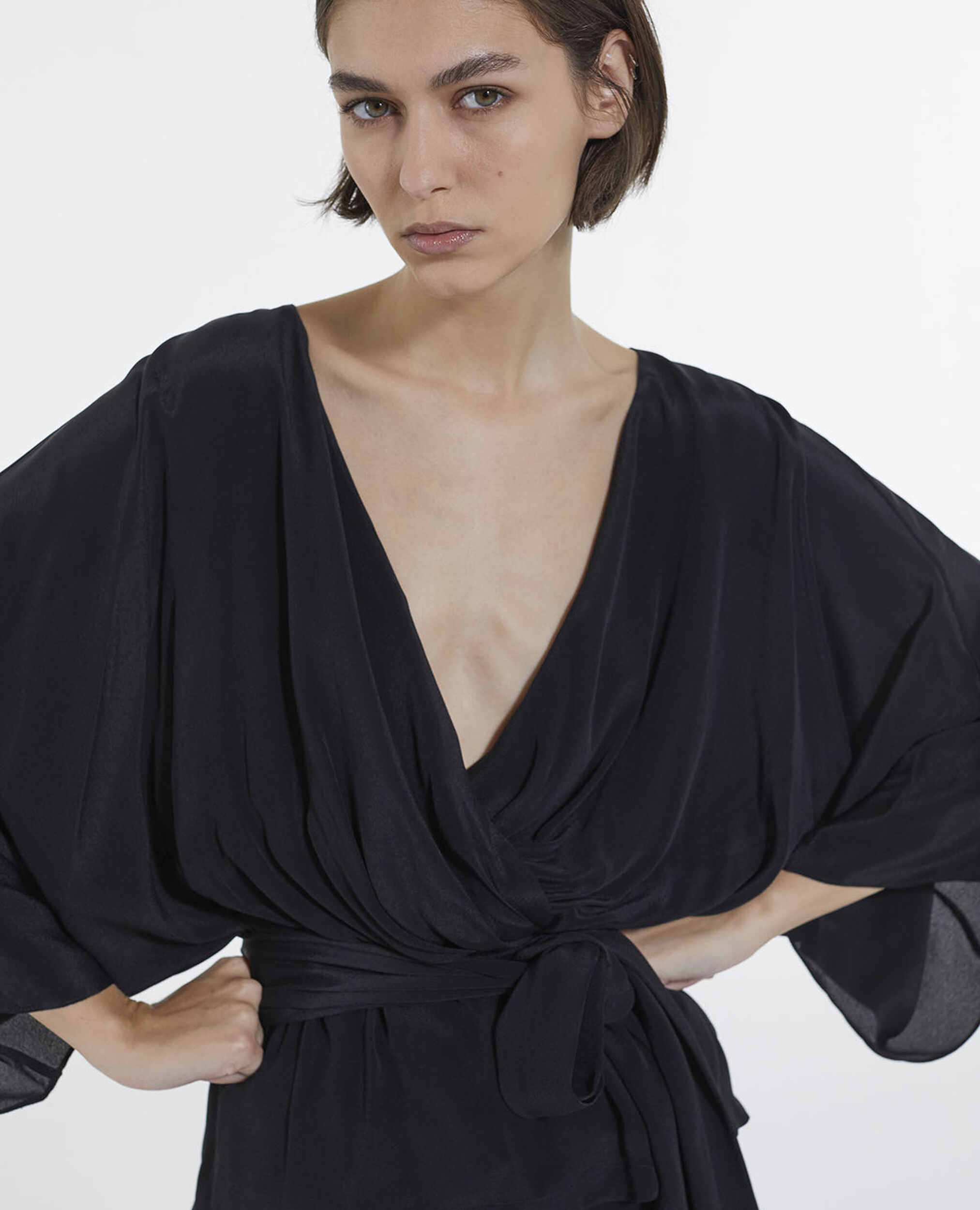 Black kimono top with long draped sleeves, BLACK, hi-res image number null