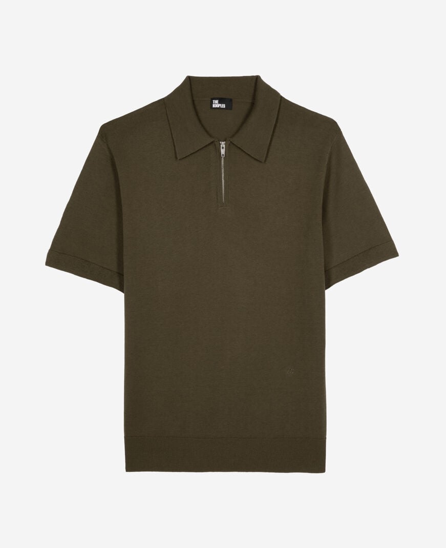The Kooples MEN OLIVE KAKI khaki zip-neck mesh polo shirt