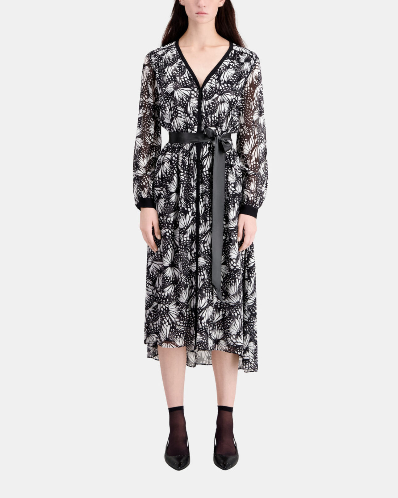 The Kooples WOMEN BLACK WHITE long printed dress with buttoning