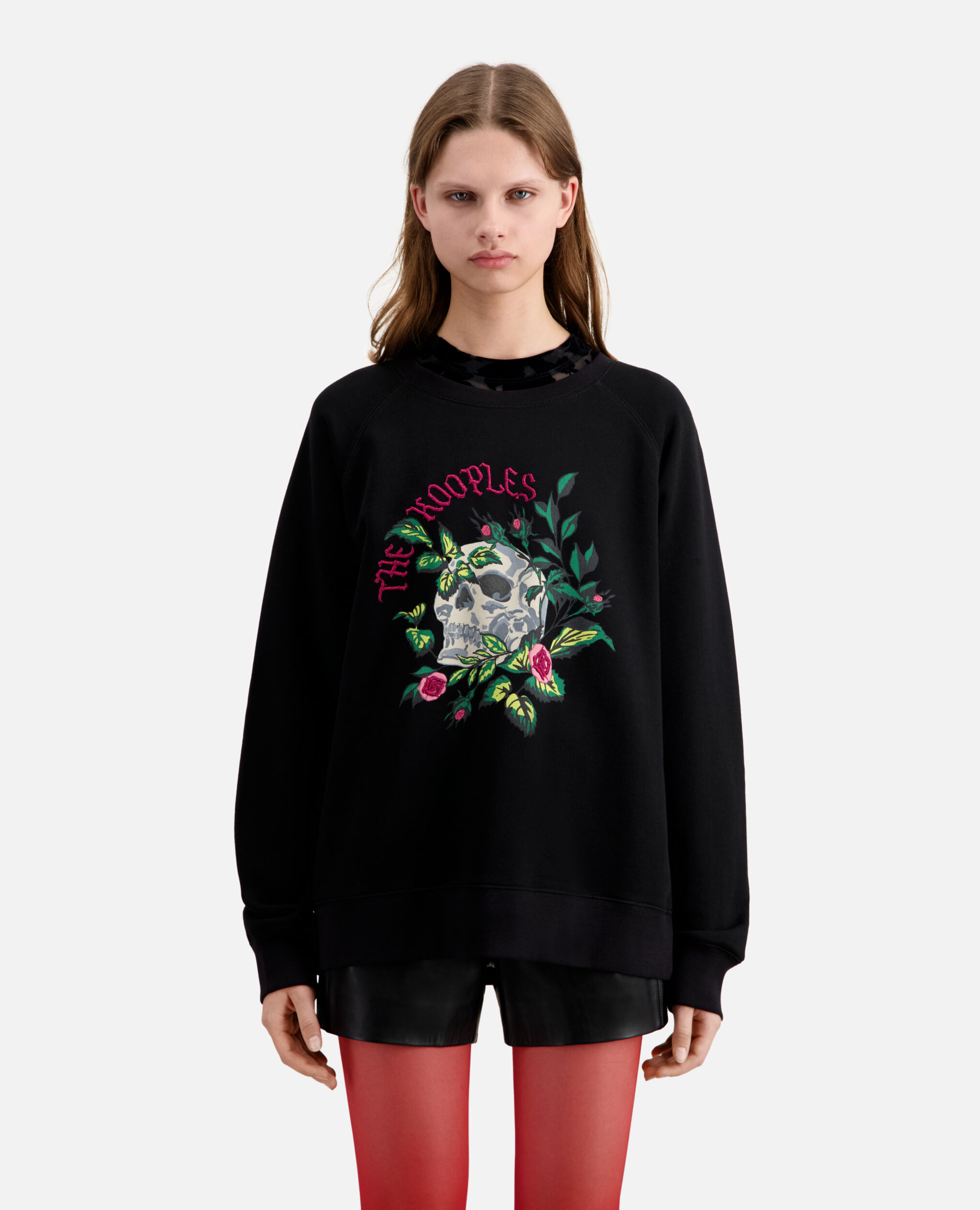 Sweatshirt noir avec sérigraphie Skull - roses, BLACK, hi-res image number null