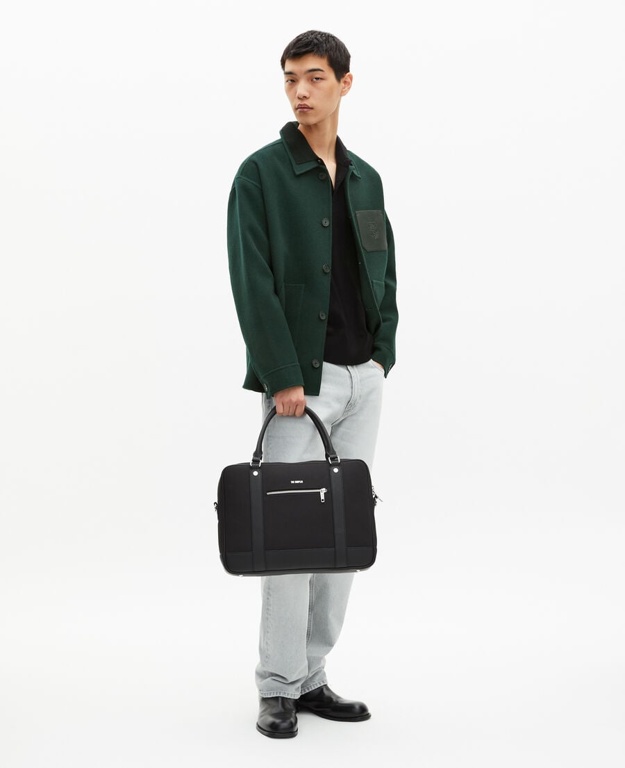 The Kooples HOMME BLACK porte-documents en canvas et cuir grain&eacute; noir