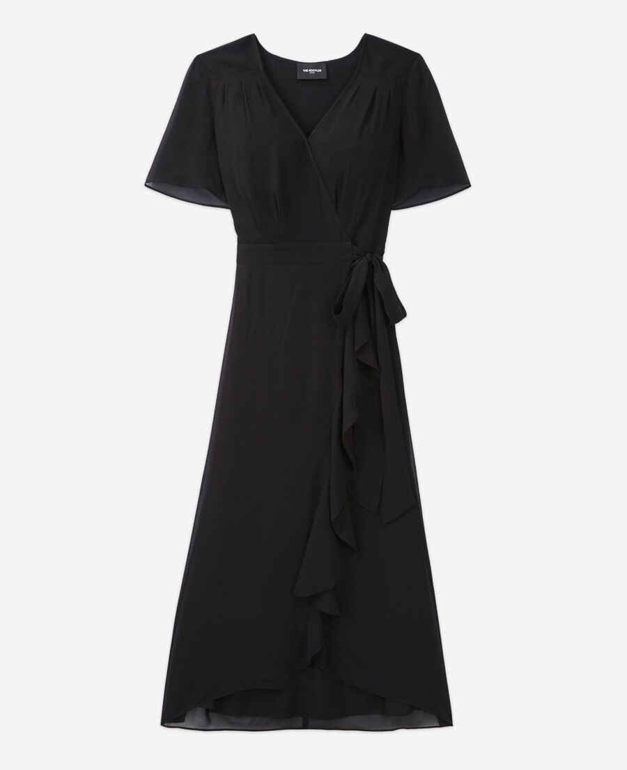 long frilly black wrap dress