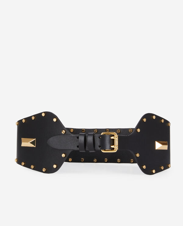 ceinture large en cuir noir avec clous et empiècements métalliques