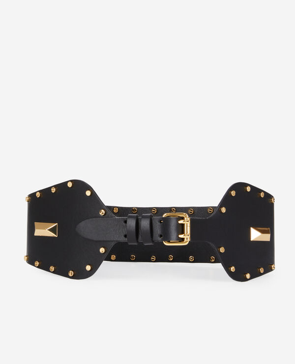 wide black leather belt with studs and metallic inserts