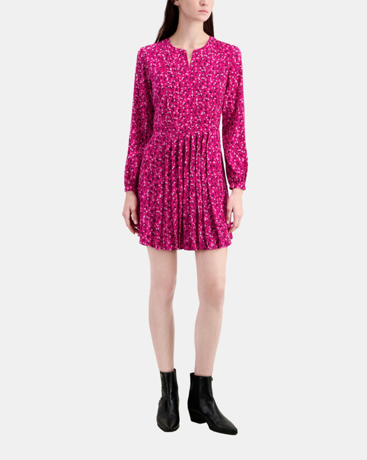 The Kooples WOMEN PINK BLACK short printed dress with pleating