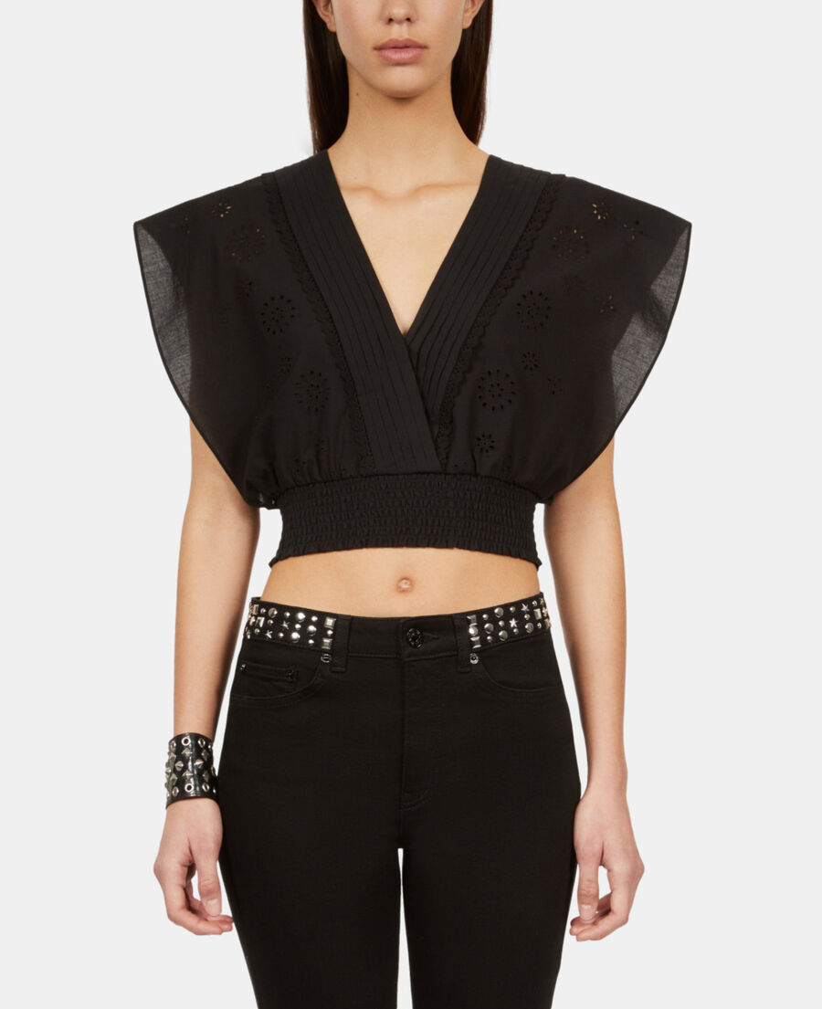 The Kooples F BLACK black short top in english embroidery