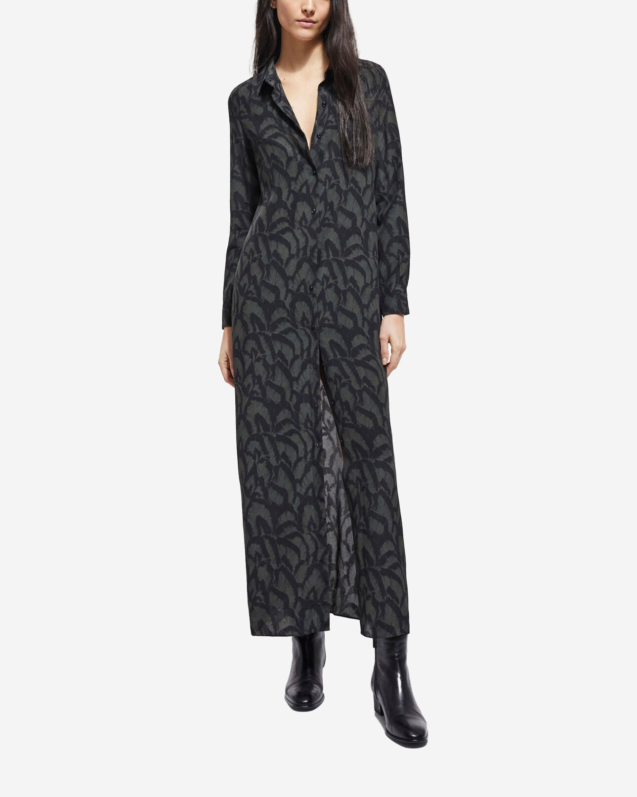 The Kooples FEMME KAKI BLACK robe longue en soie imprimée