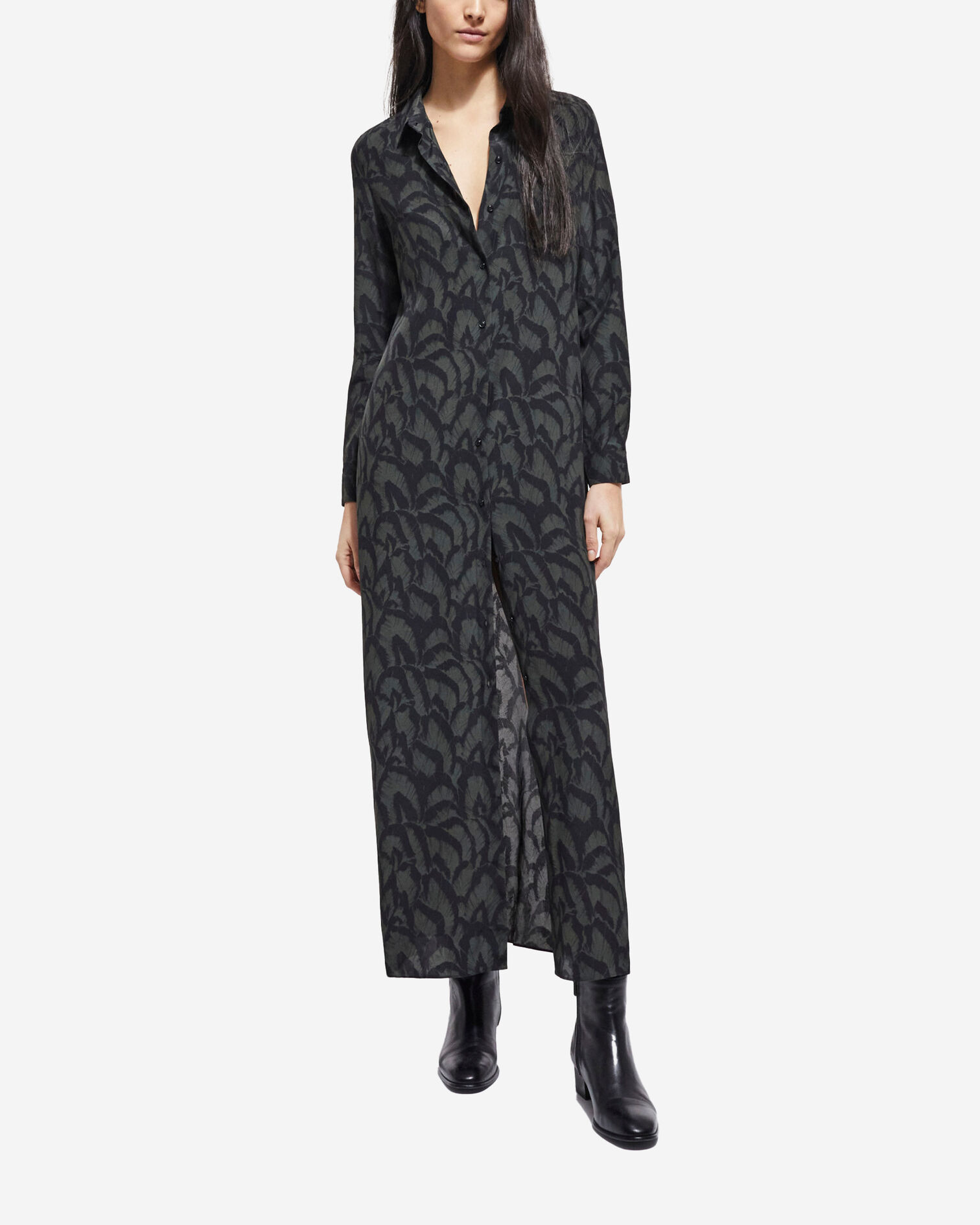 Robe longue en soie imprimée, KAKI BLACK, hi-res image number null