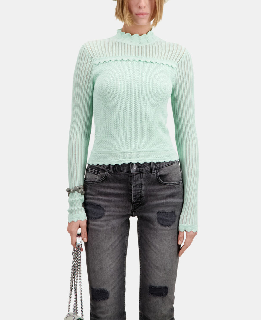 cropped almond green sweater in openwork knit