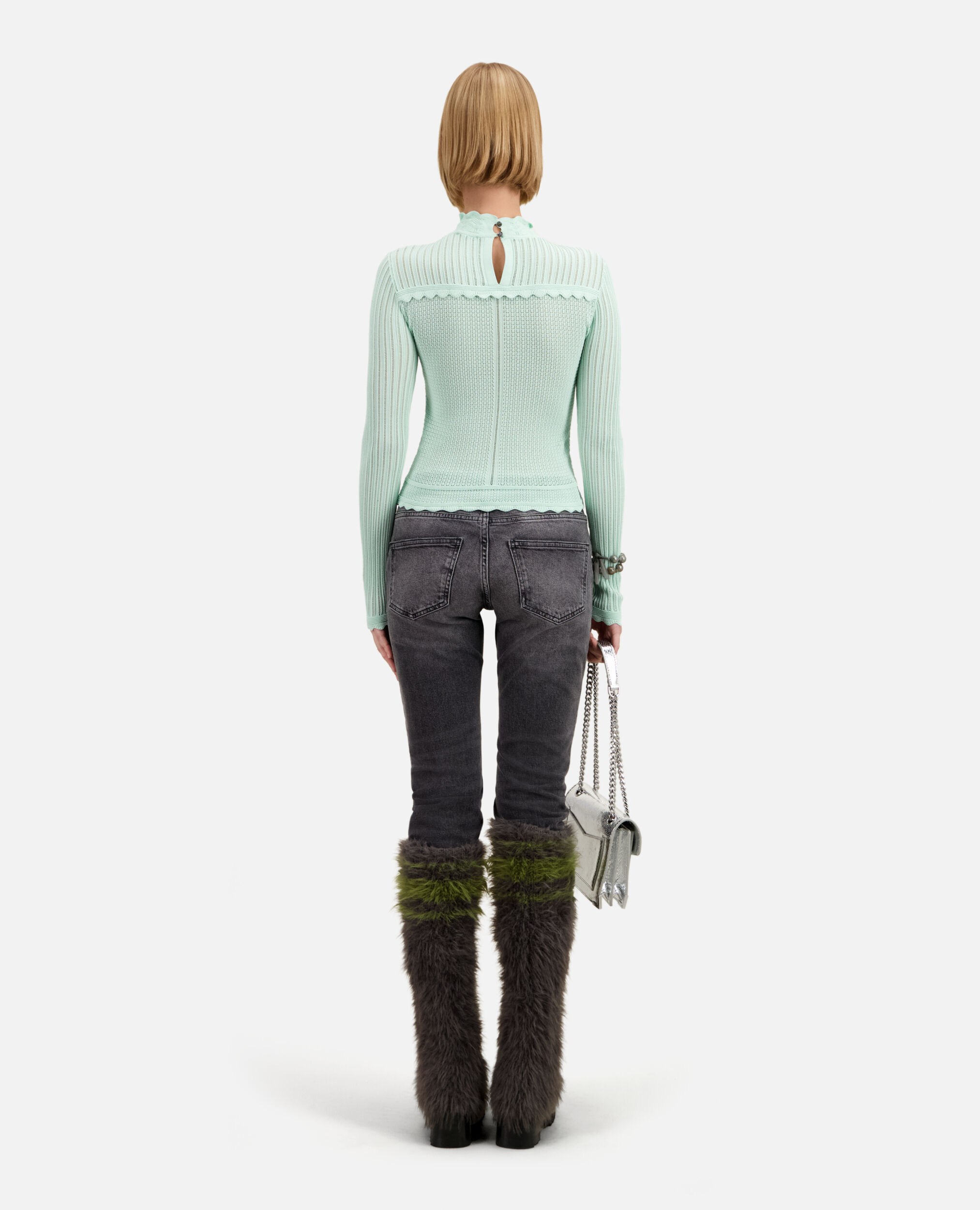 Cropped almond green sweater in openwork knit, OCEAN, hi-res image number null