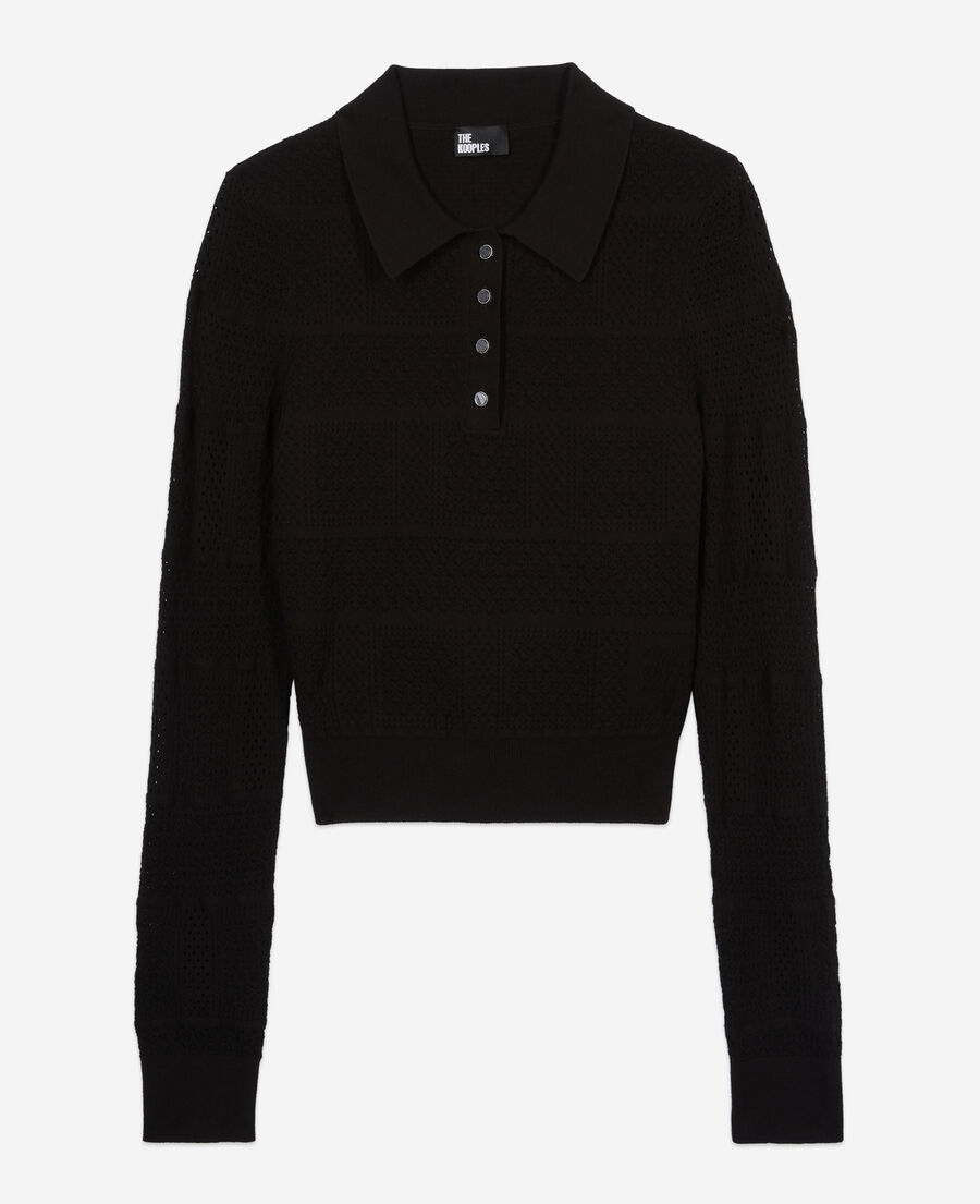 The Kooples F BLACK black openwork knit polo shirt