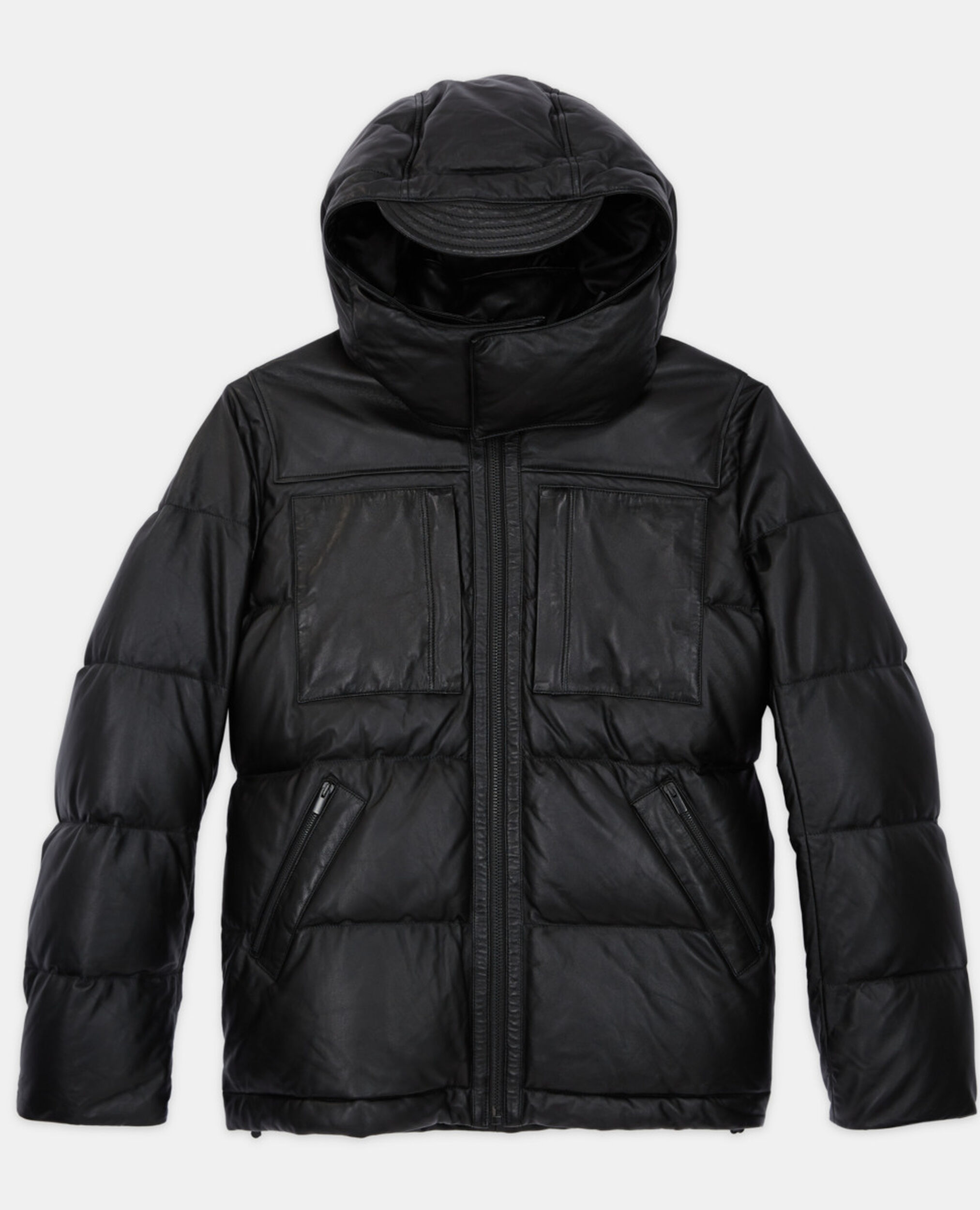 Black leather down jacket with straps, BLACK, hi-res image number null
