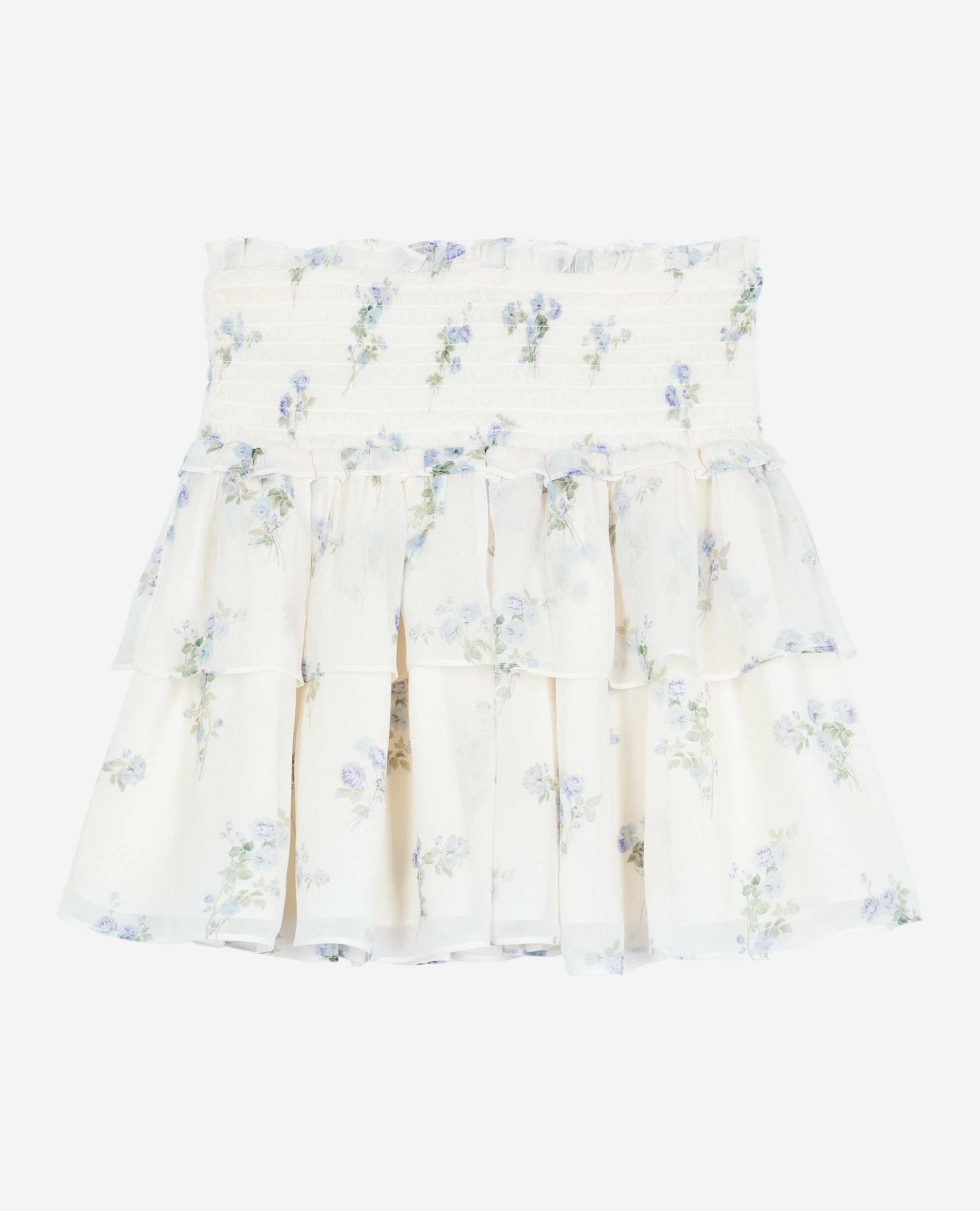 White floral print short skirt with ruffles, WHITE / SKY BLUE, hi-res image number null