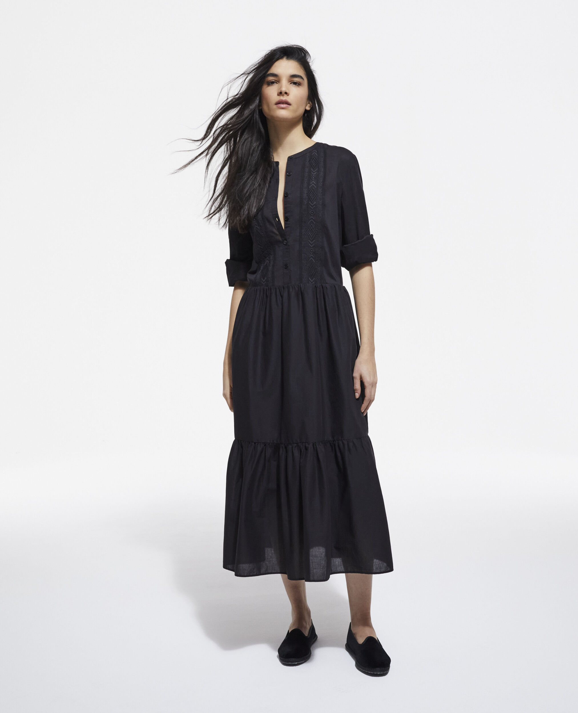Long black embroidered dress, BLACK, hi-res image number null