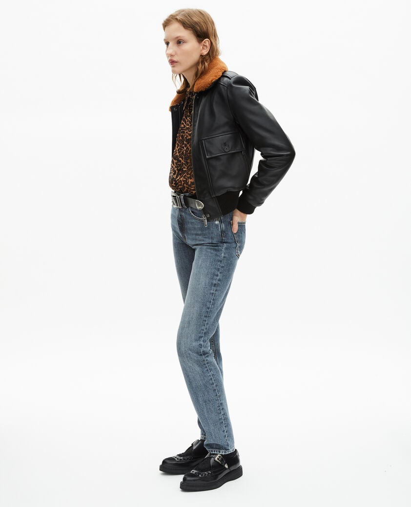 The Kooples DAMEN BLACK kurze schwarze glattlederjacke mit sherpa-kragen