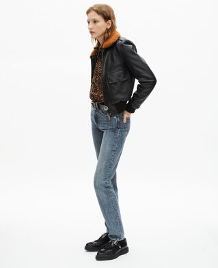 The Kooples WOMEN BLACK short black smooth leather jacket with sherpa collar