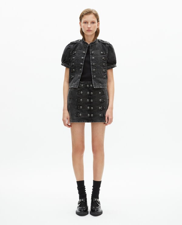 The Kooples WOMEN BLACK WASHED grey denim short-sleeved officer jacket