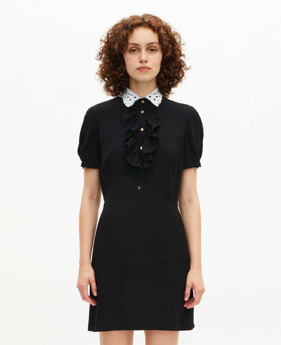 The Kooples FEMME BLACK robe &agrave; col brod&eacute; contrast&eacute; courte noire