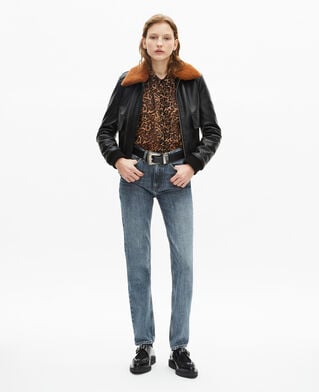 The Kooples FEMME BLACK blouson court en cuir lisse col sherpa noir