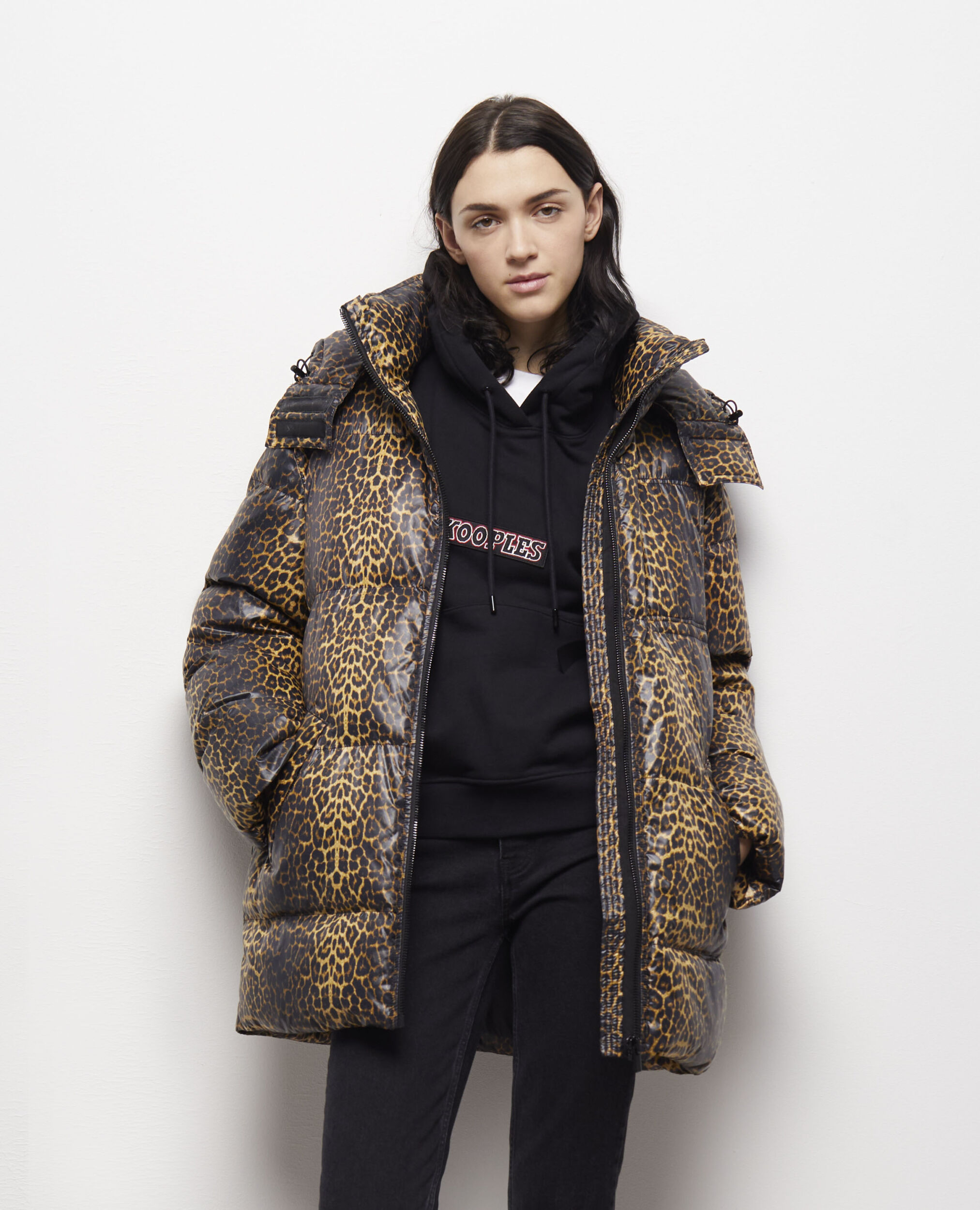 Leopard print oversized down jacket with straps and logo, LEOPARD, hi-res image number null