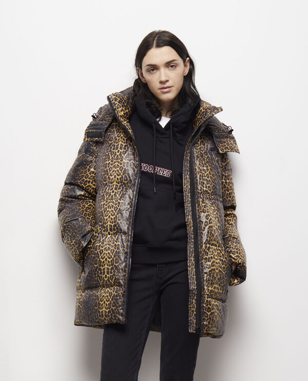 leopard print oversized down jacket with straps and logo