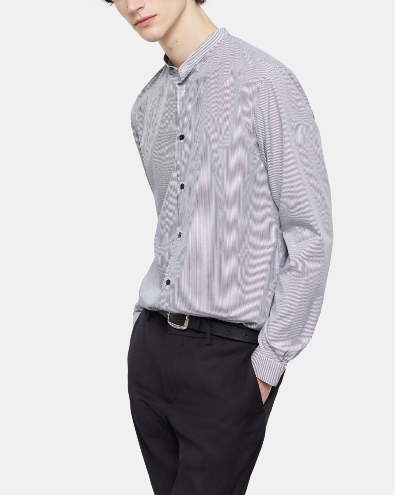 The Kooples HOMBRE BLACK WHITE camisa slim rayas con cuello mao