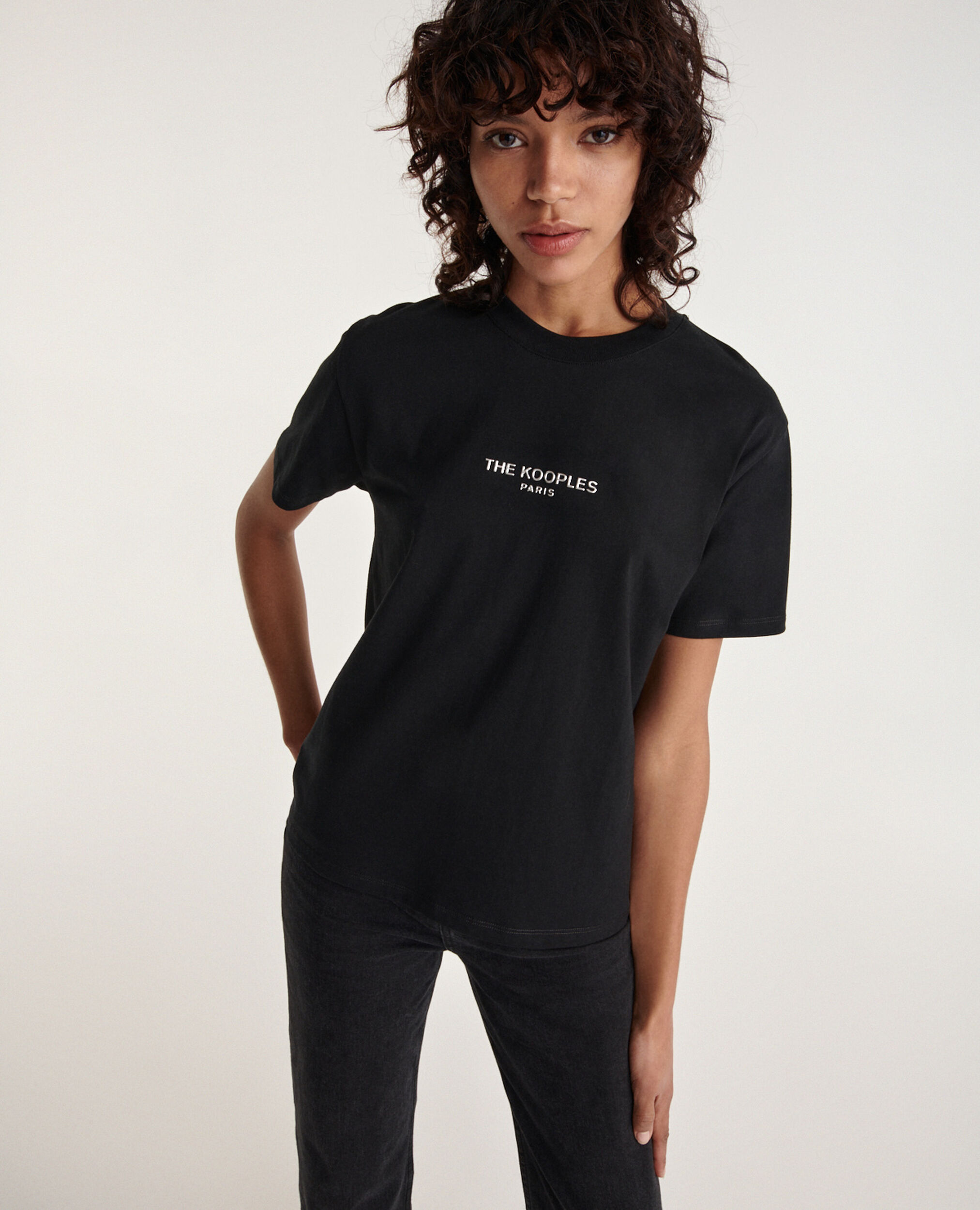 Black cotton T-shirt with silver logo, BLACK, hi-res image number null