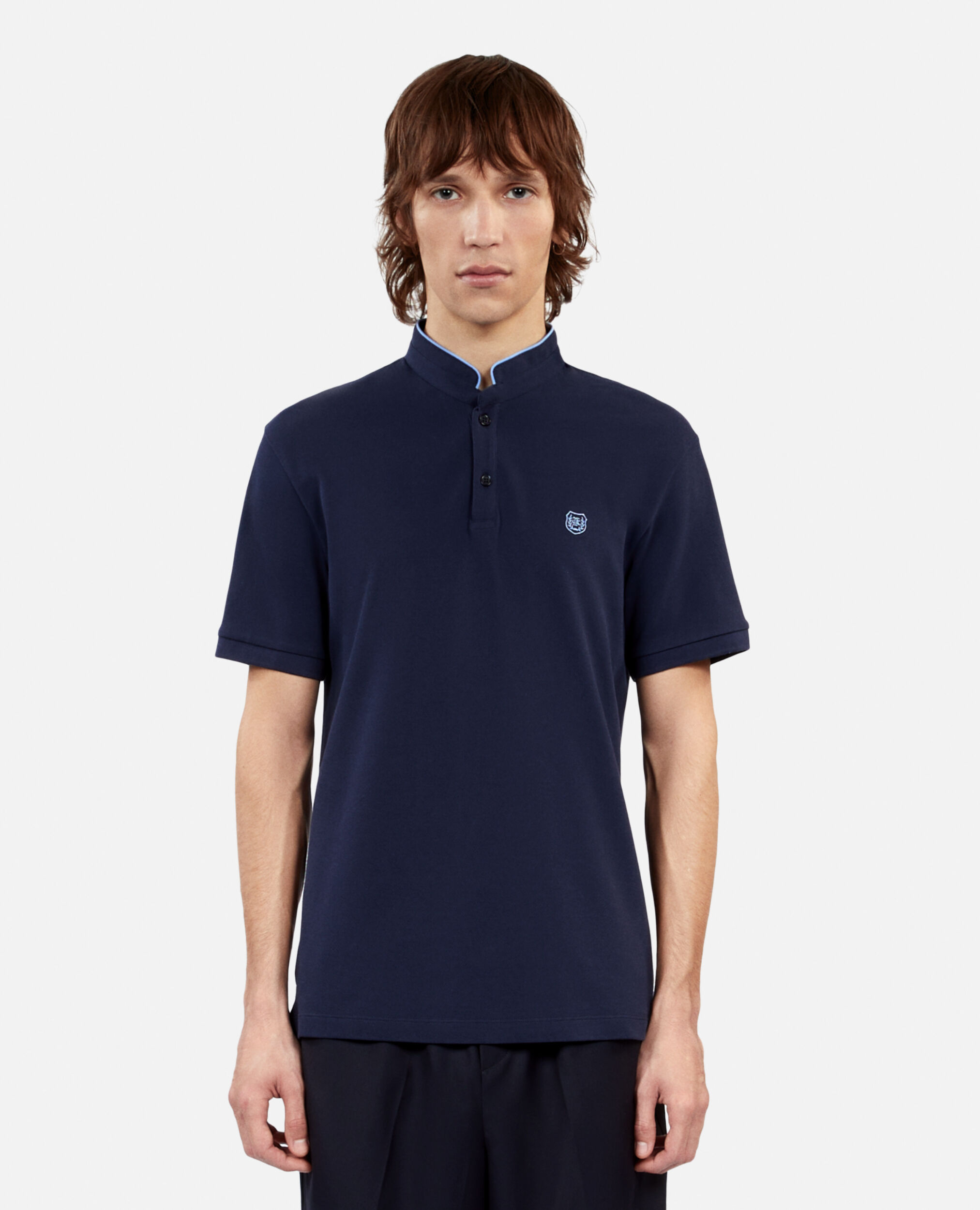 Navy blue pique cotton polo t-shirt, NAVY/ PIPING NAVY, hi-res image number null