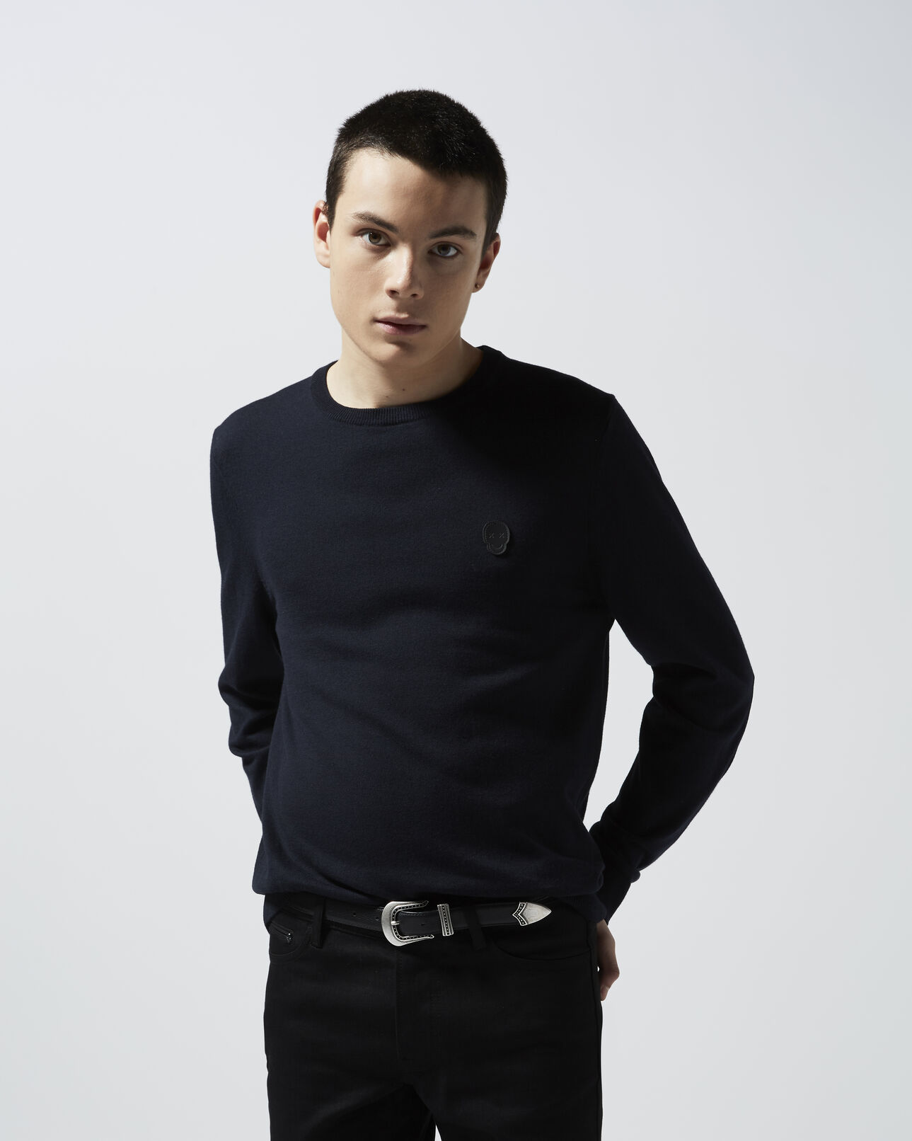 The Kooples HOMME NAVY pull laine bleu col rond à coudières