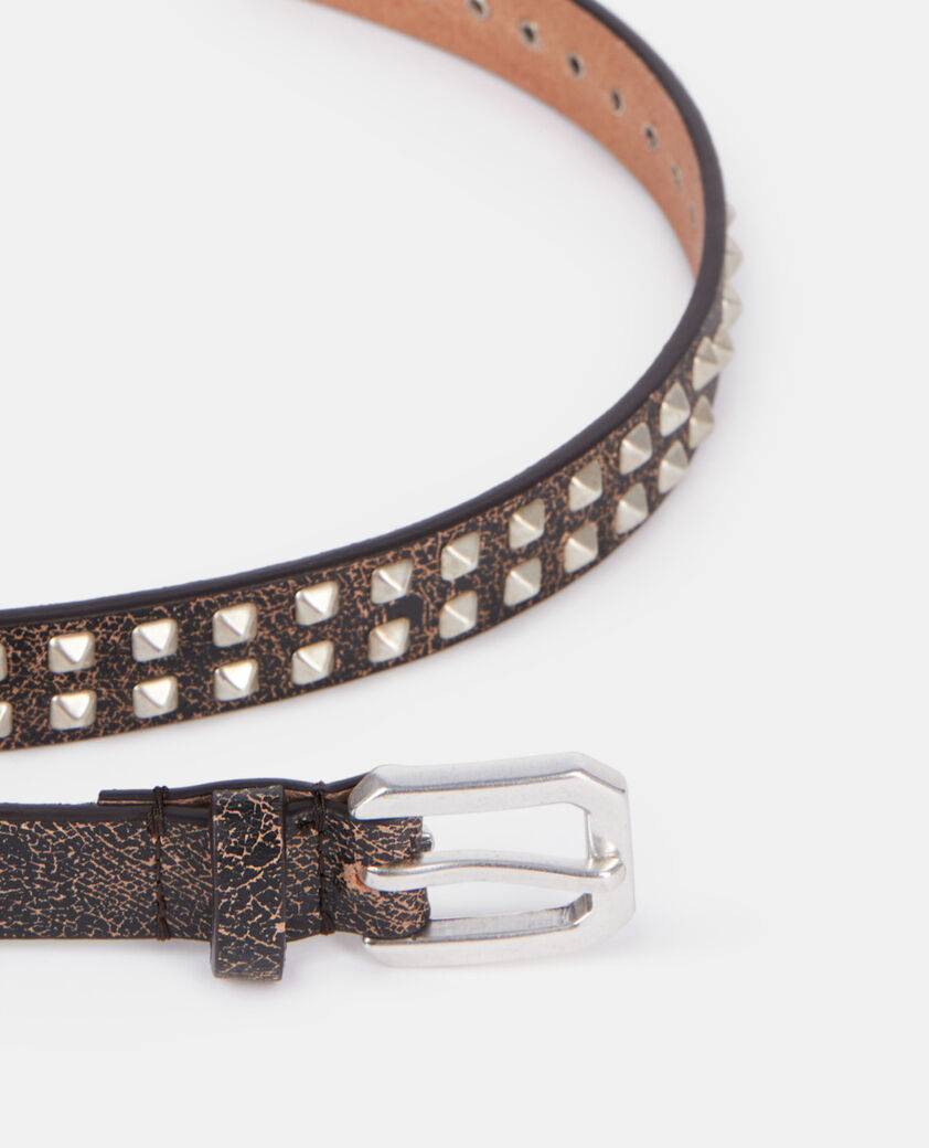 The Kooples HOMME BROWN ceinture fine en cuir marron avec spikes